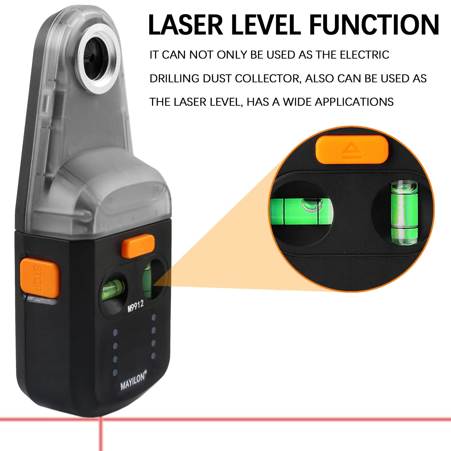 Schwarzes und graues Laser-Nivellierwerkzeug mit orangefarbenen Knöpfen und Pegelanzeigen, mit Text: M9912 MAYILON.