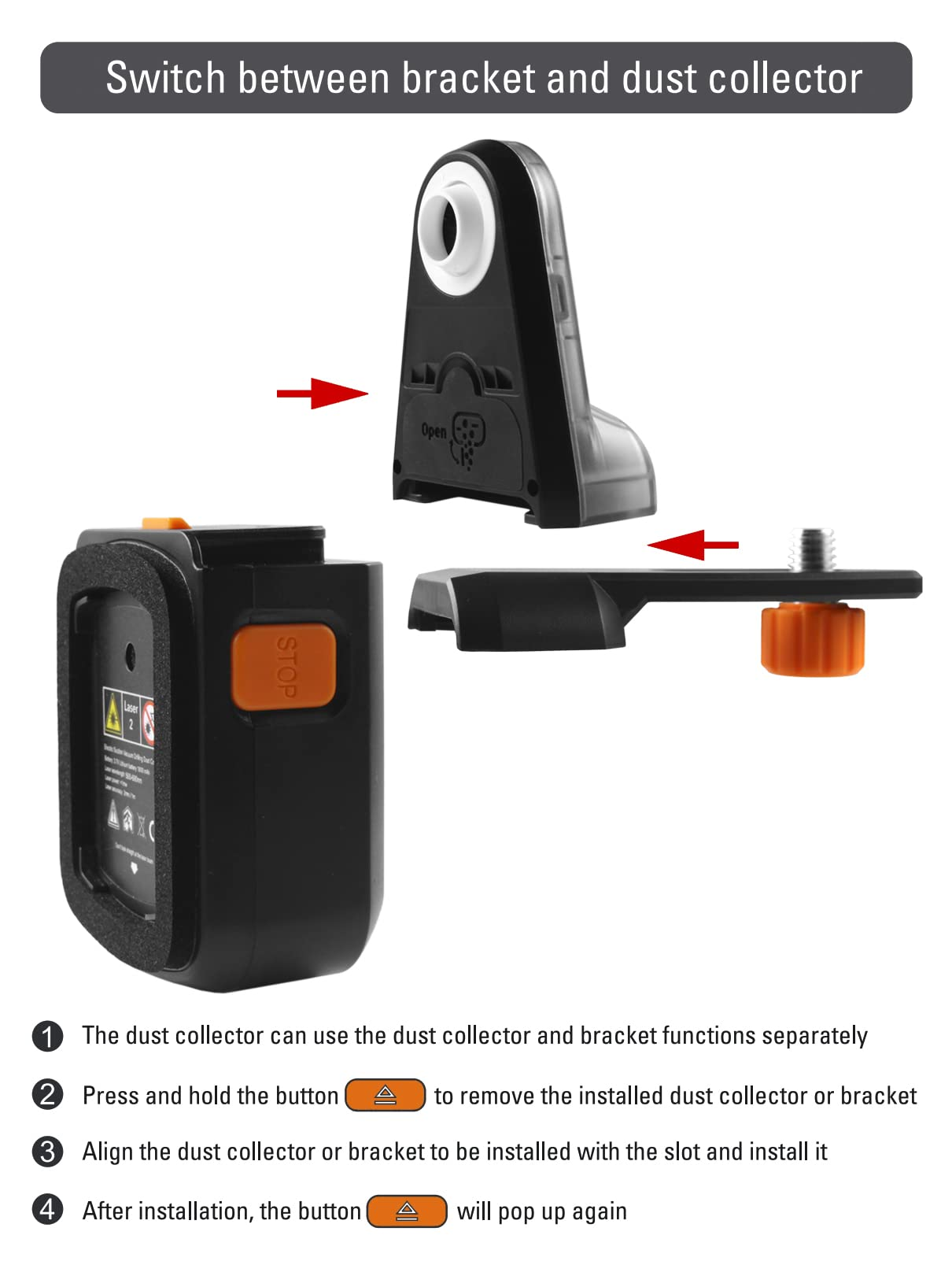 Diagramm zum Wechseln zwischen Halterung und Staubabscheider. Schwarz und Orange.