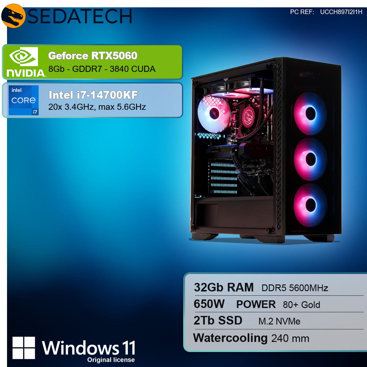 Ein schwarzer PC mit RGB-Beleuchtung und Spezifikationen. Ein Logo zeigt NVIDIA GeForce RTX 5060.