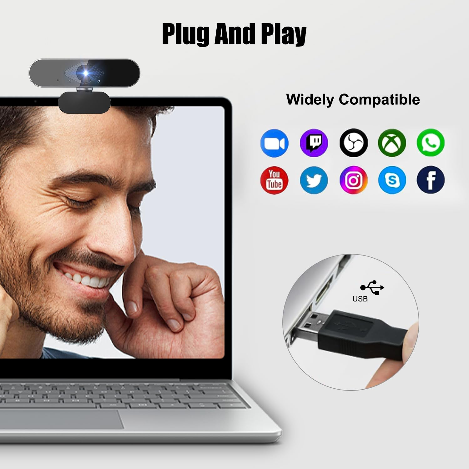 Mann benutzt Webcam am Laptop mit Symbolen kompatibler Apps.
