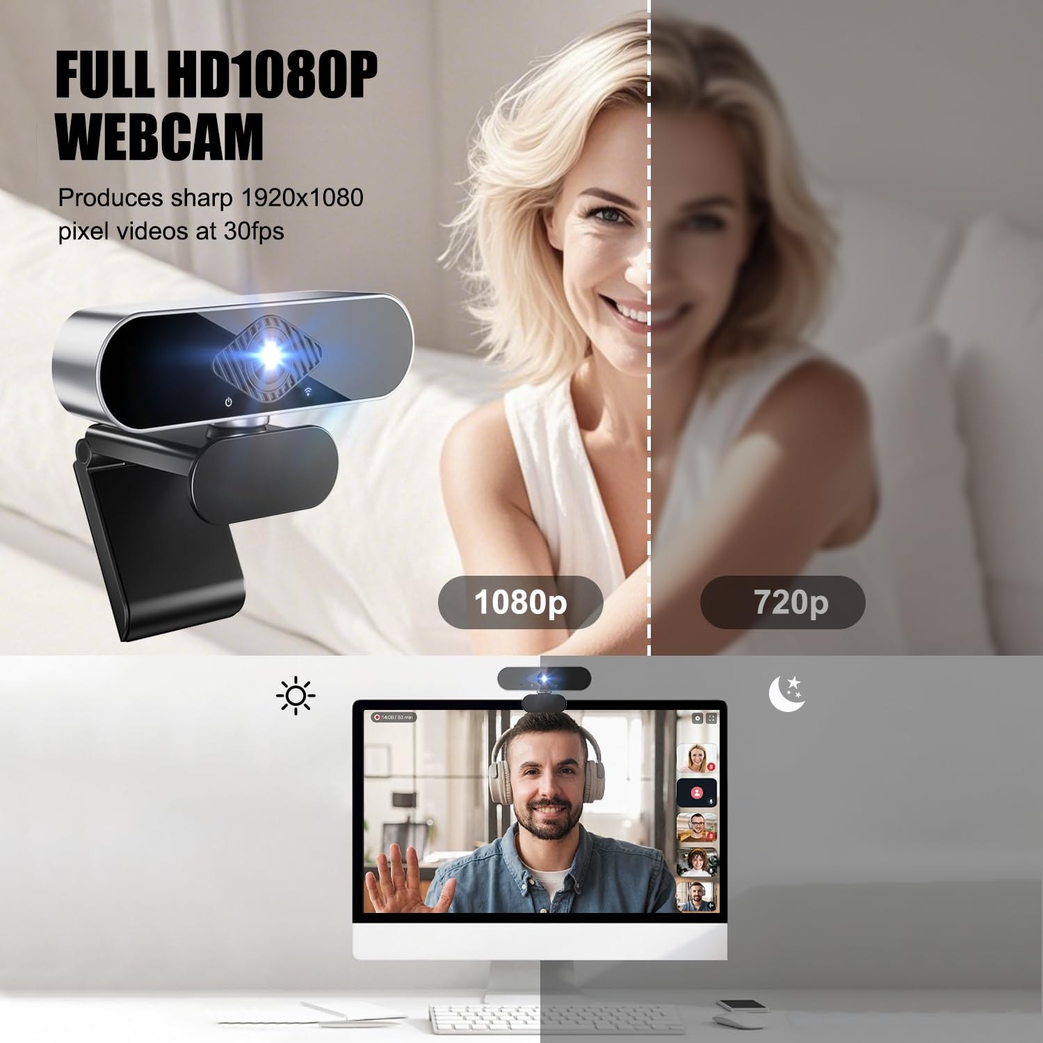 Webcam mit einer Frau und einem Videoanruf auf einem Bildschirm. Die Webcam ist schwarz-silber.