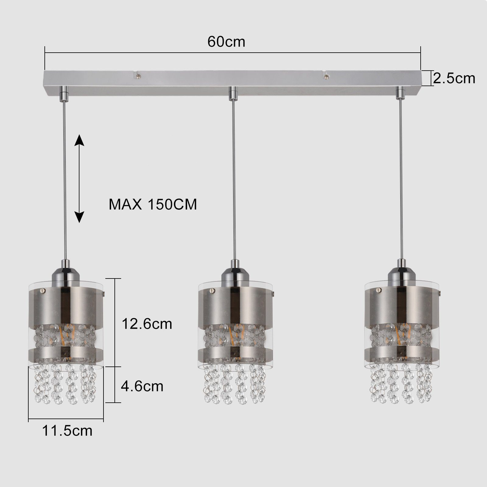 Drei Pendelleuchten mit Chrom-Finish, Glasplatten und Kristallperlensträngen, mit Maßen.