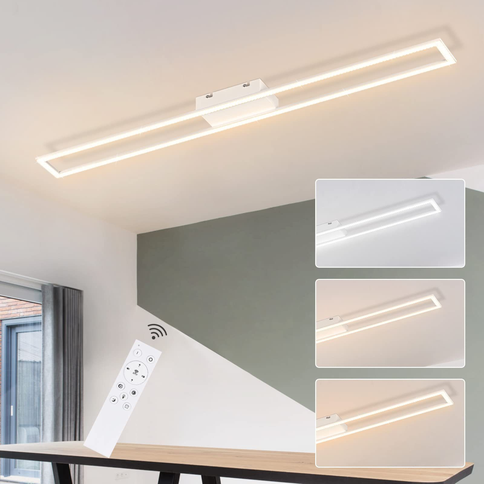 Weiße rechteckige LED-Deckenleuchte mit Fernbedienung und drei verschiedenen Lichtintensitätseinstellungen.