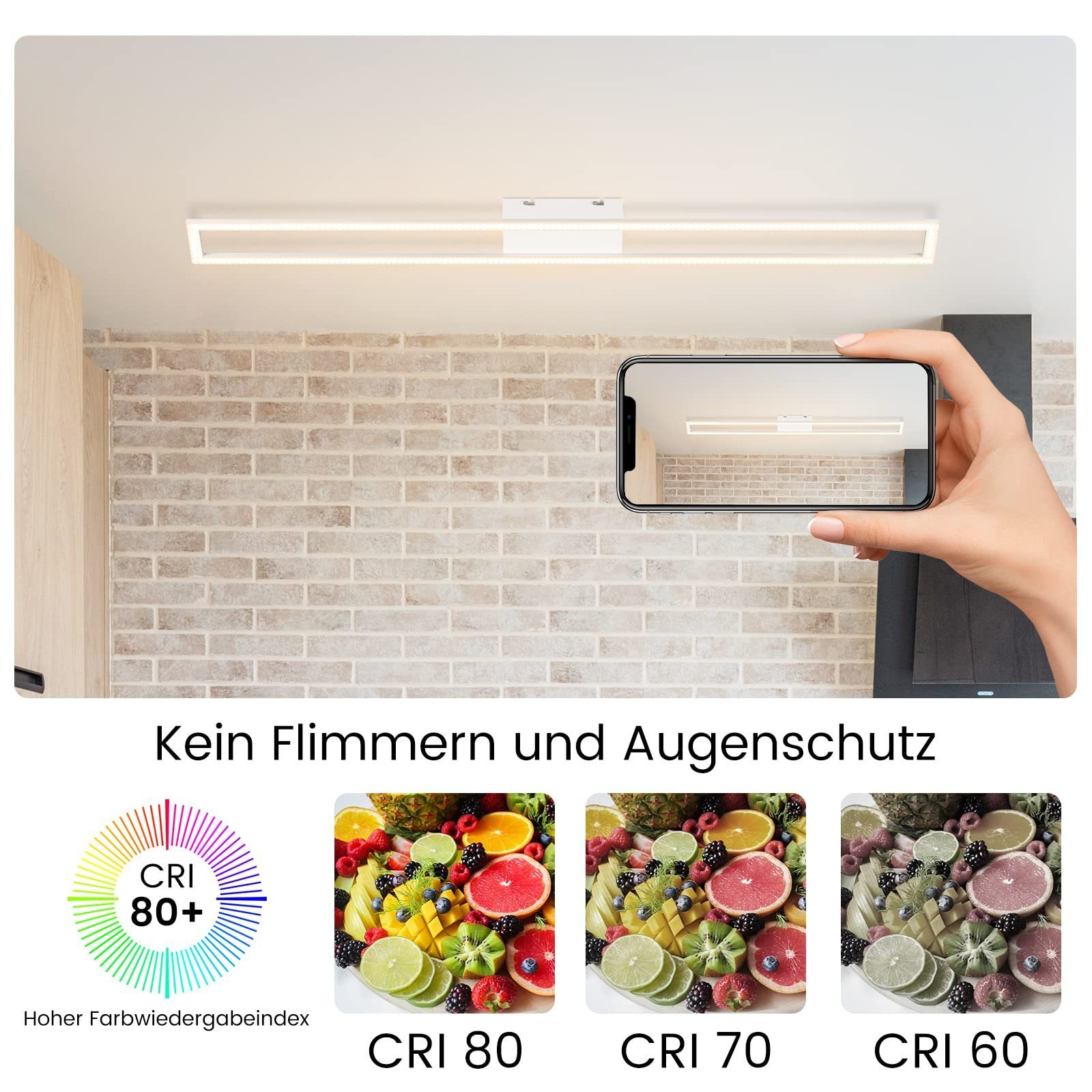 Weiße LED-Deckenleuchte mit einer Hand, die ein Telefon mit dem Licht und Obstbildern hält.