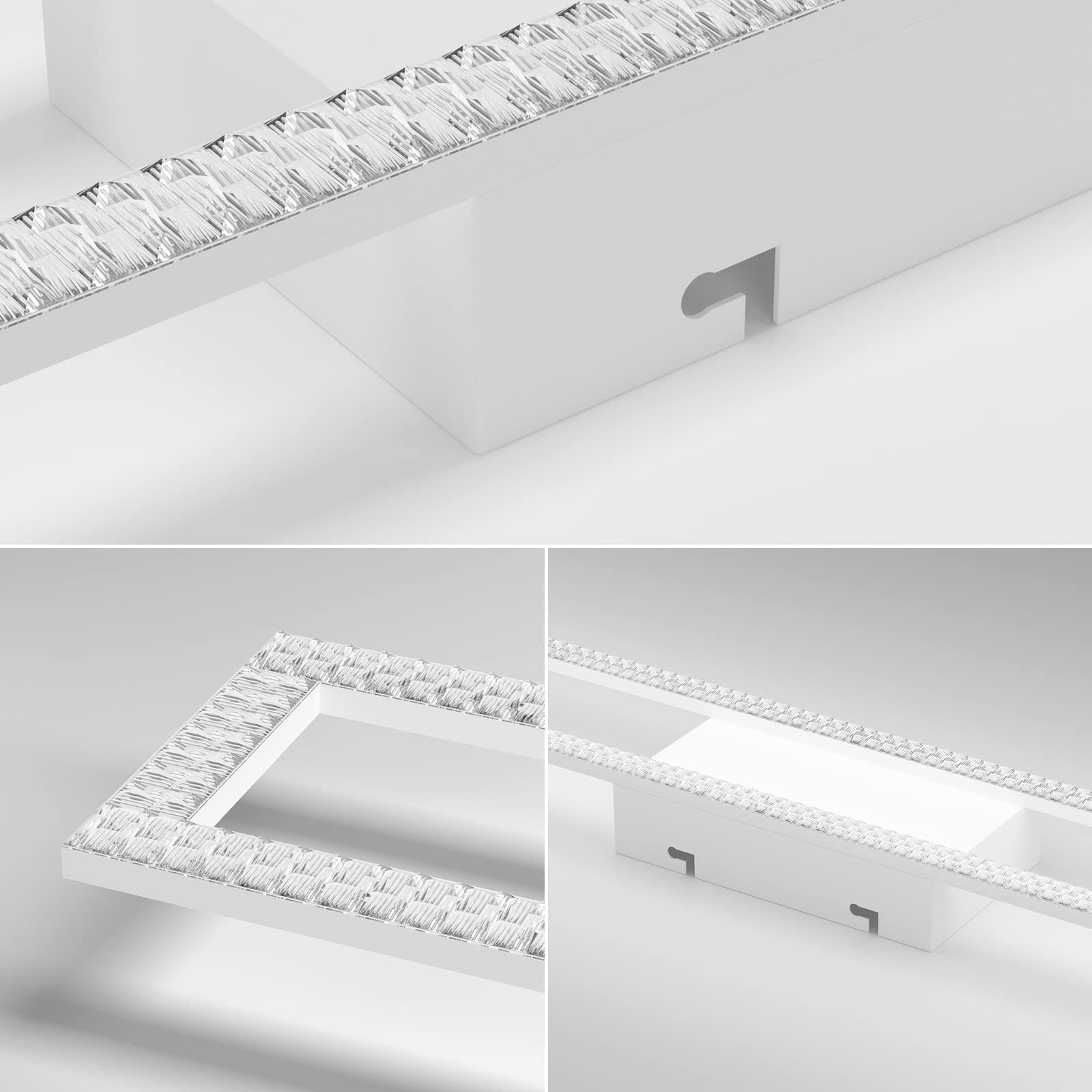 Weiße LED-Leuchte mit mehreren Ansichten, die Nahaufnahmen und detaillierte Designelemente zeigen.