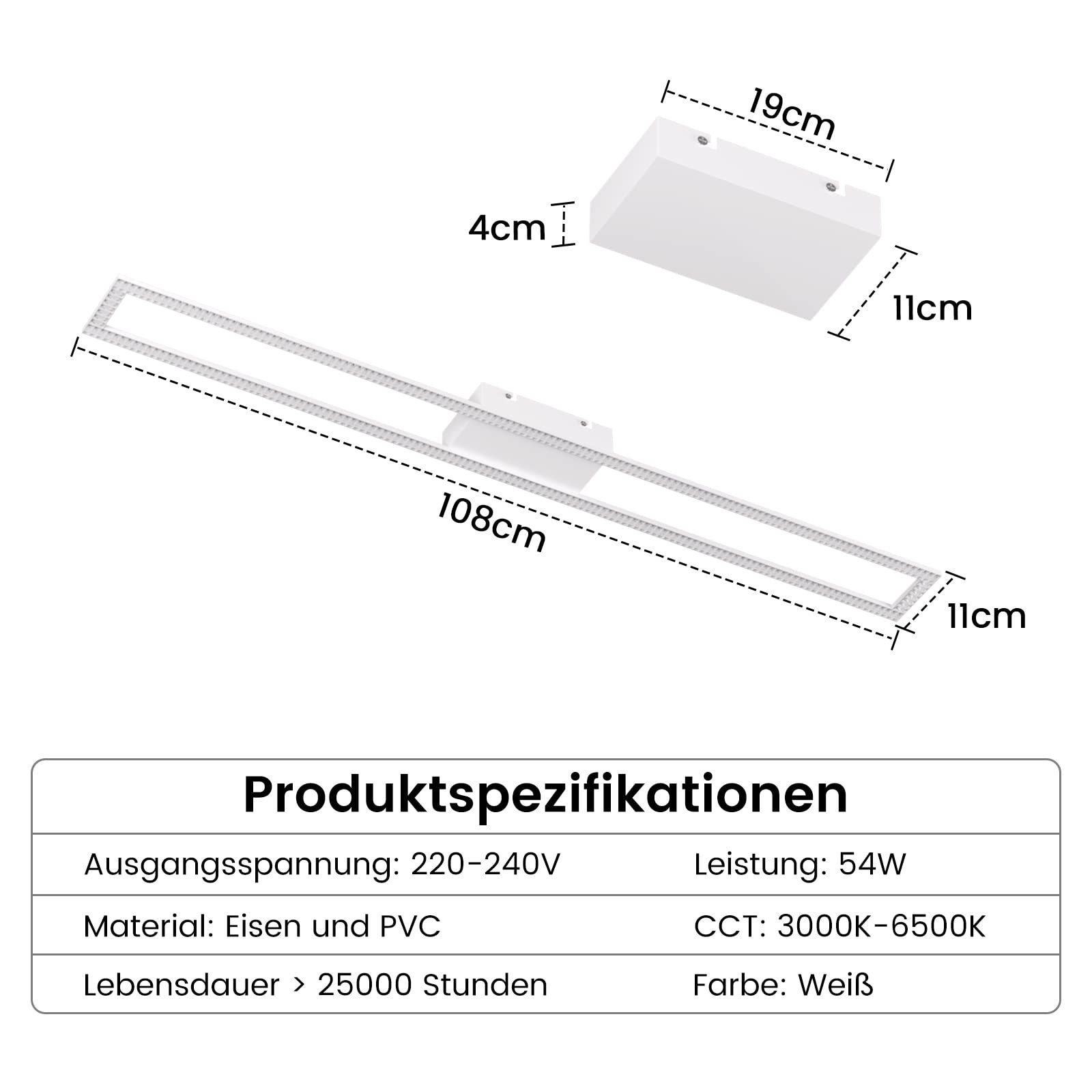 Produktspezifikationen für eine weiße Leuchte. Abmessungen, Spannung, Leistung, Material und Farbe gelistet.