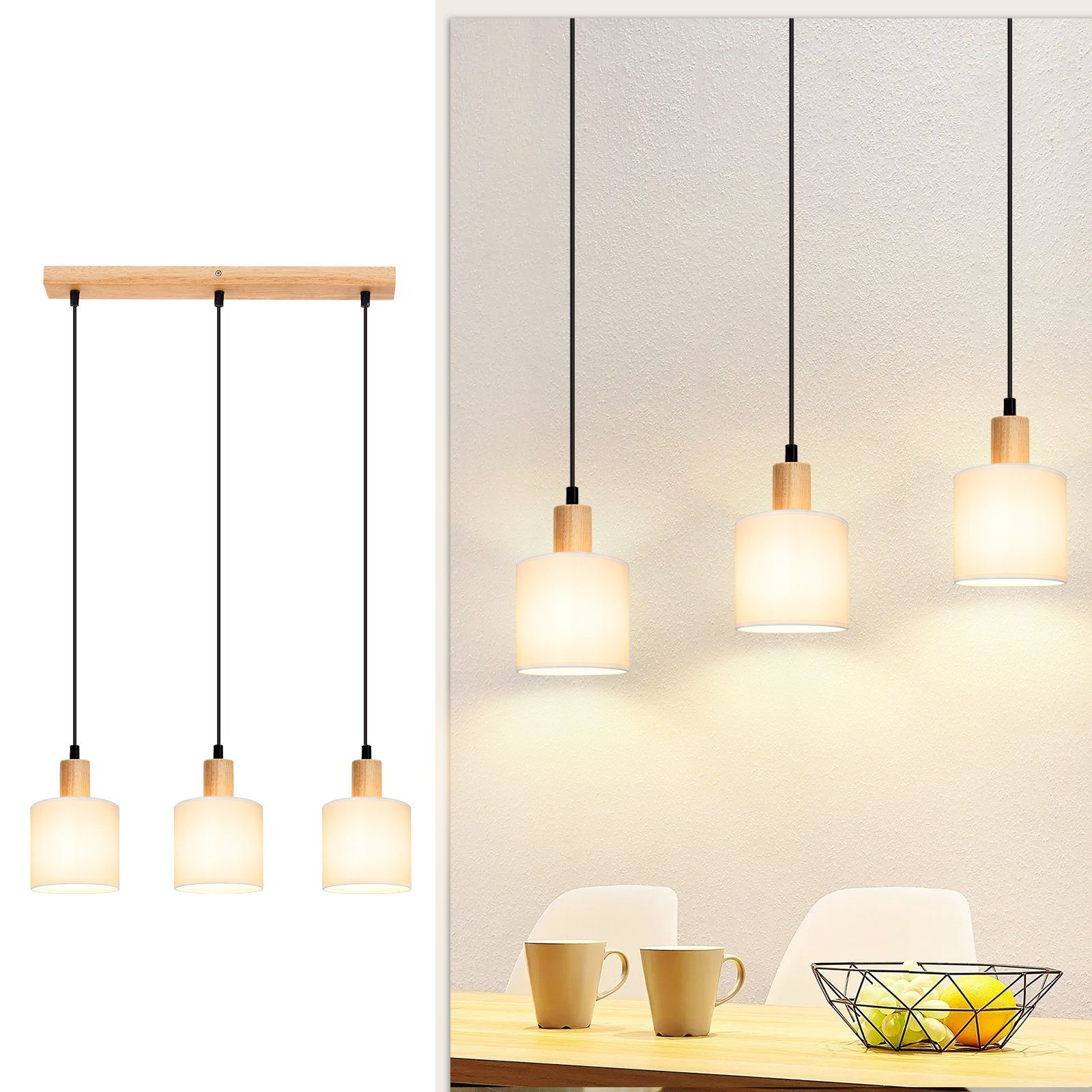Drei Pendelleuchten mit Holzaufsätzen und weißen Schirmen und zwei Tassen auf einem Tisch.