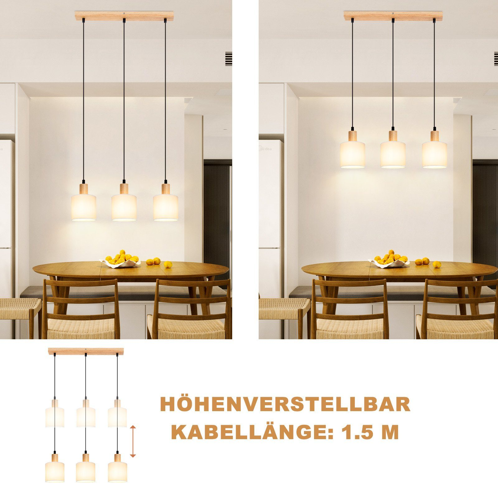 Zwei Bilder von Pendelleuchten über einem Tisch. Jedes Set hat drei Leuchten mit Holzköpfen und weißen Schirmen.