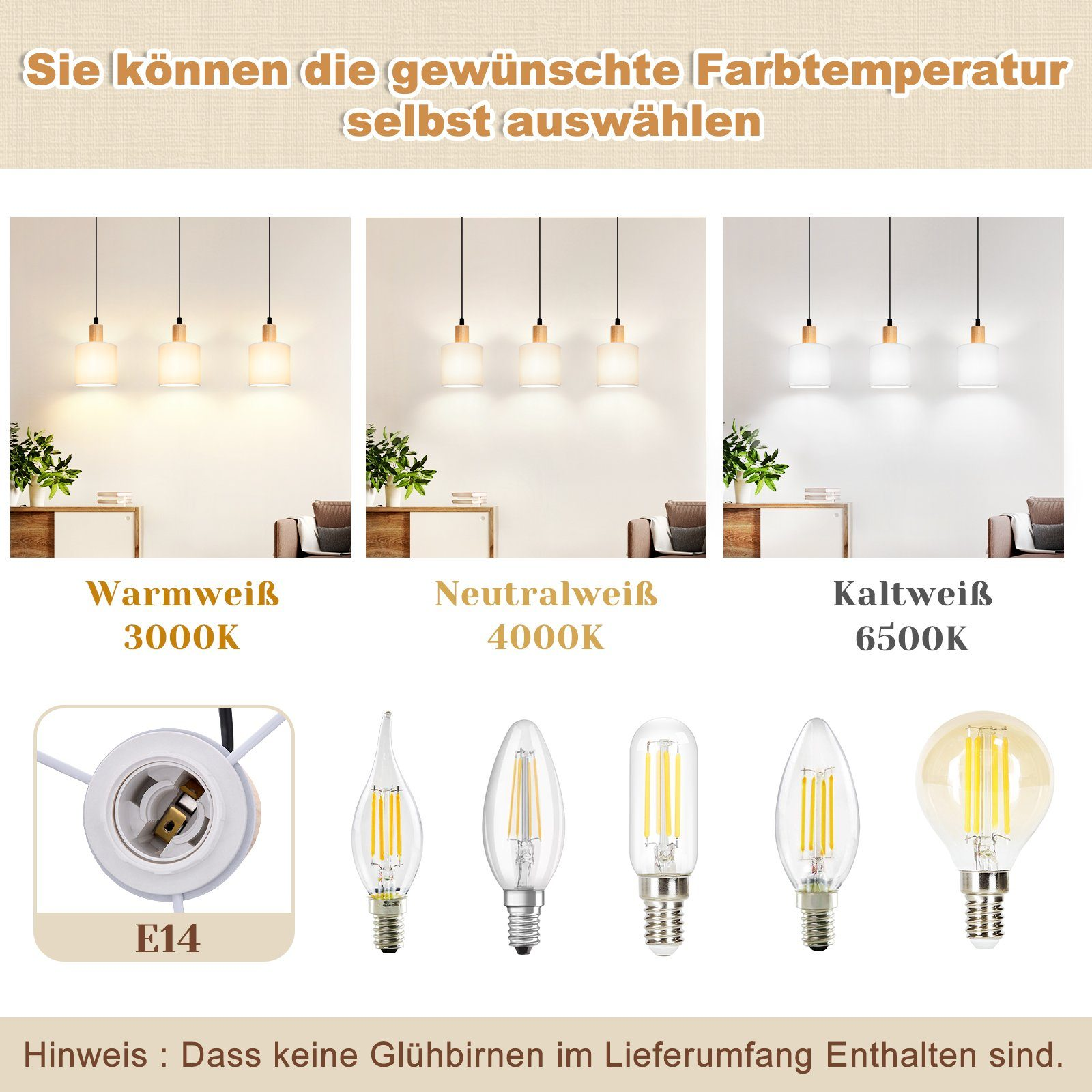 Drei Pendelleuchten, die verschiedene Lichttemperaturen zeigen, von warm bis kühl, mit Glühbirnen.