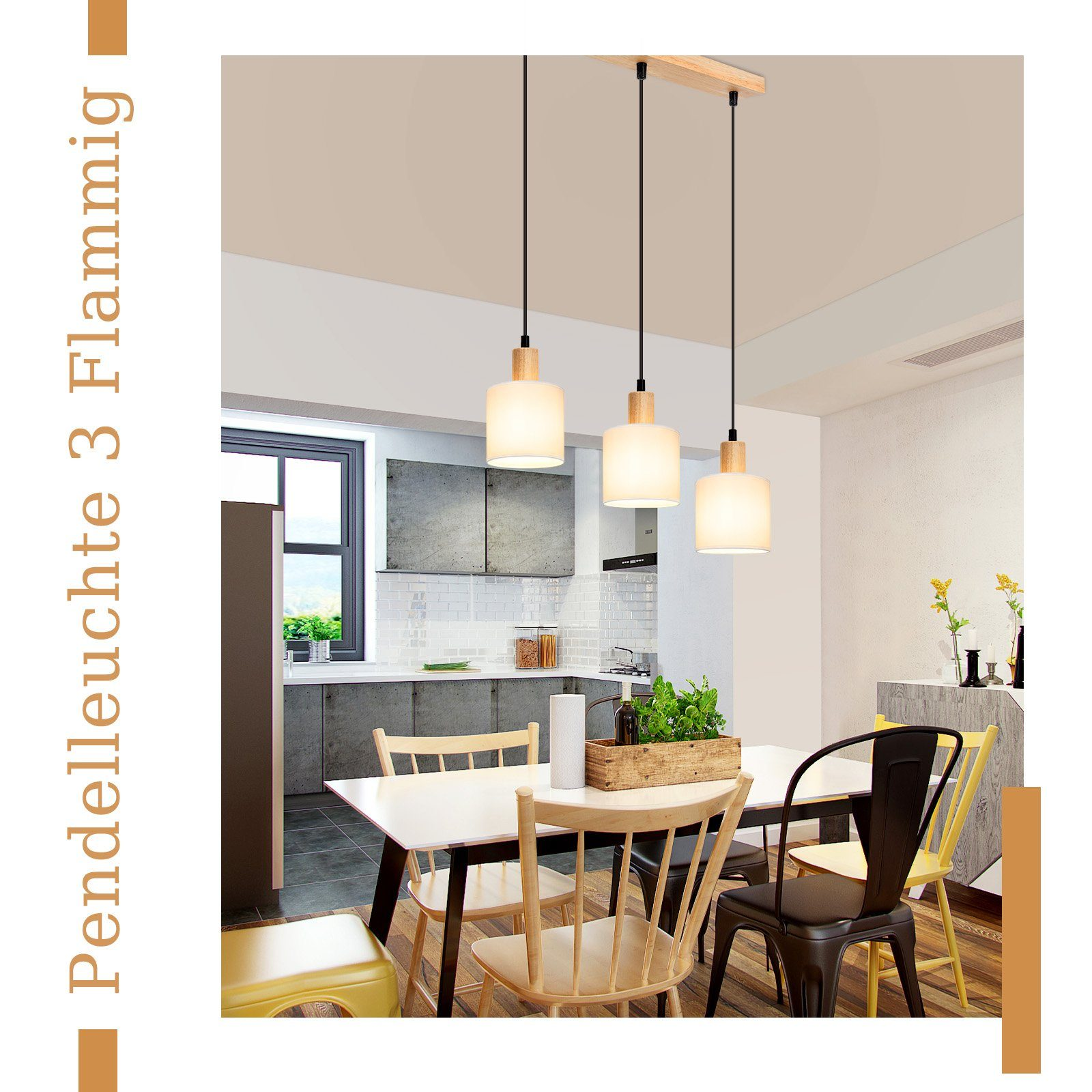 Esszimmer mit drei Pendelleuchten. Ein Holztisch, Stühle und eine Anrichte sind sichtbar.