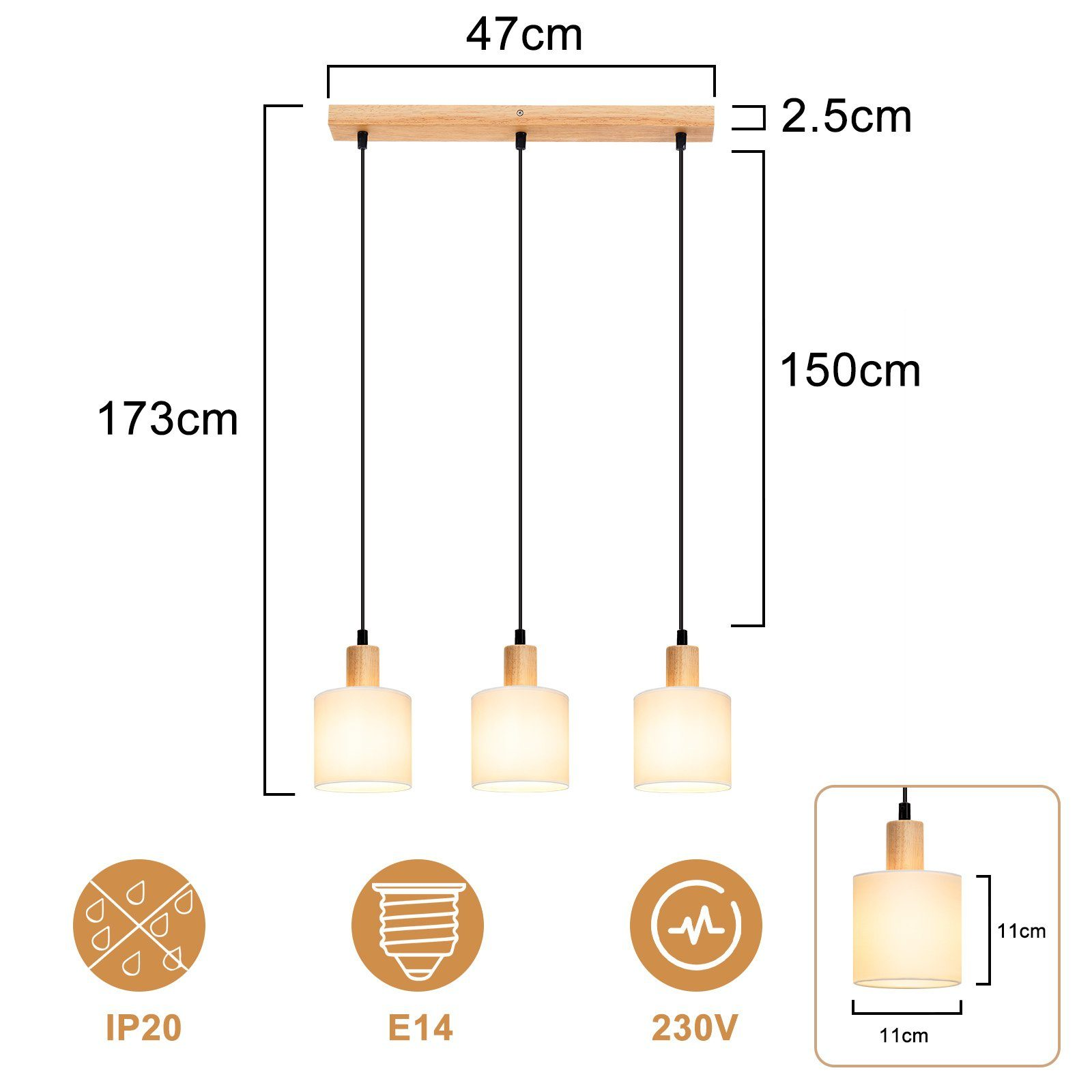 Diagramm einer Pendelleuchte mit Abmessungen, einschließlich Höhe und Breite.