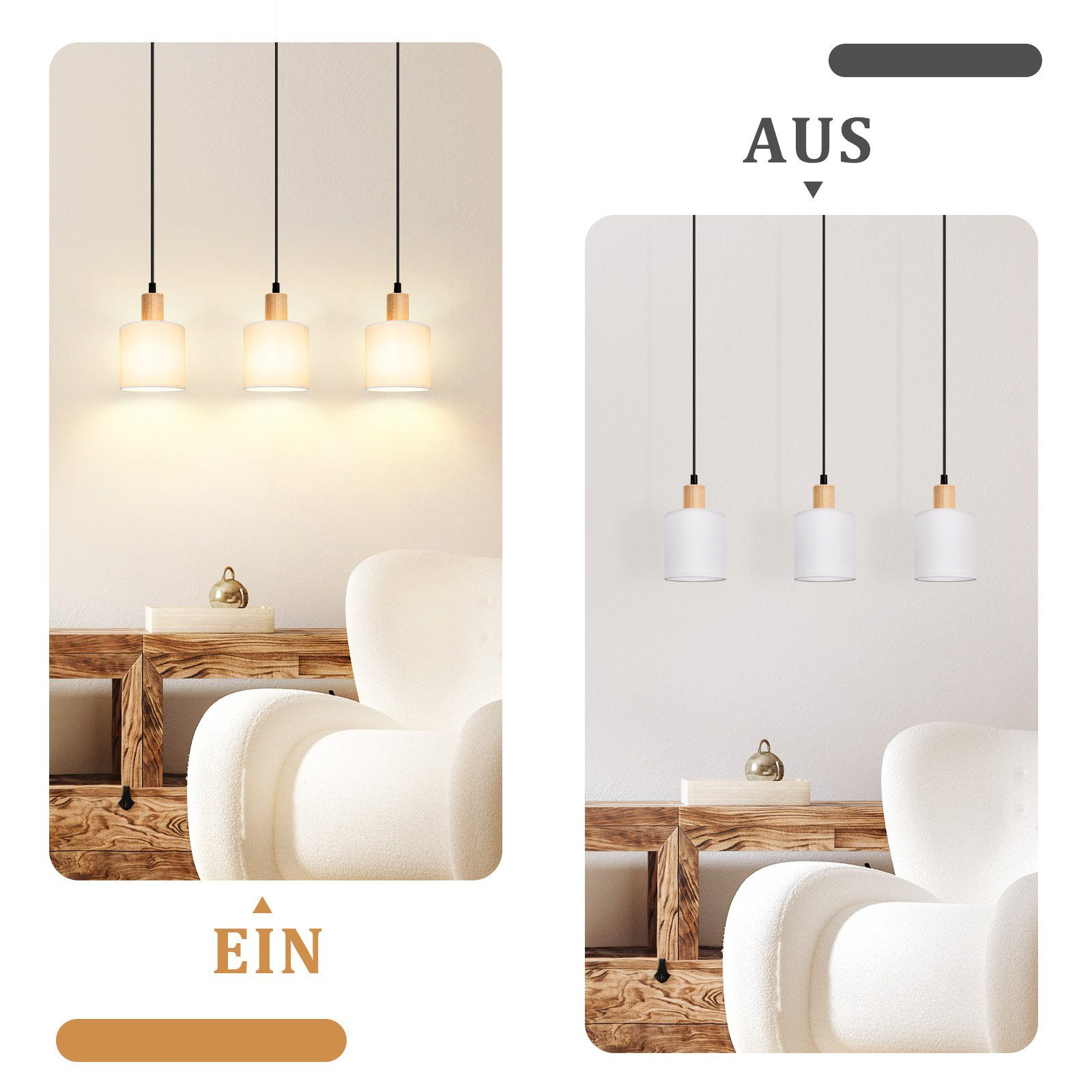 Bild zeigt einen Vergleich von Lichtern an und aus, mit drei Pendelleuchten über einem Sofa.