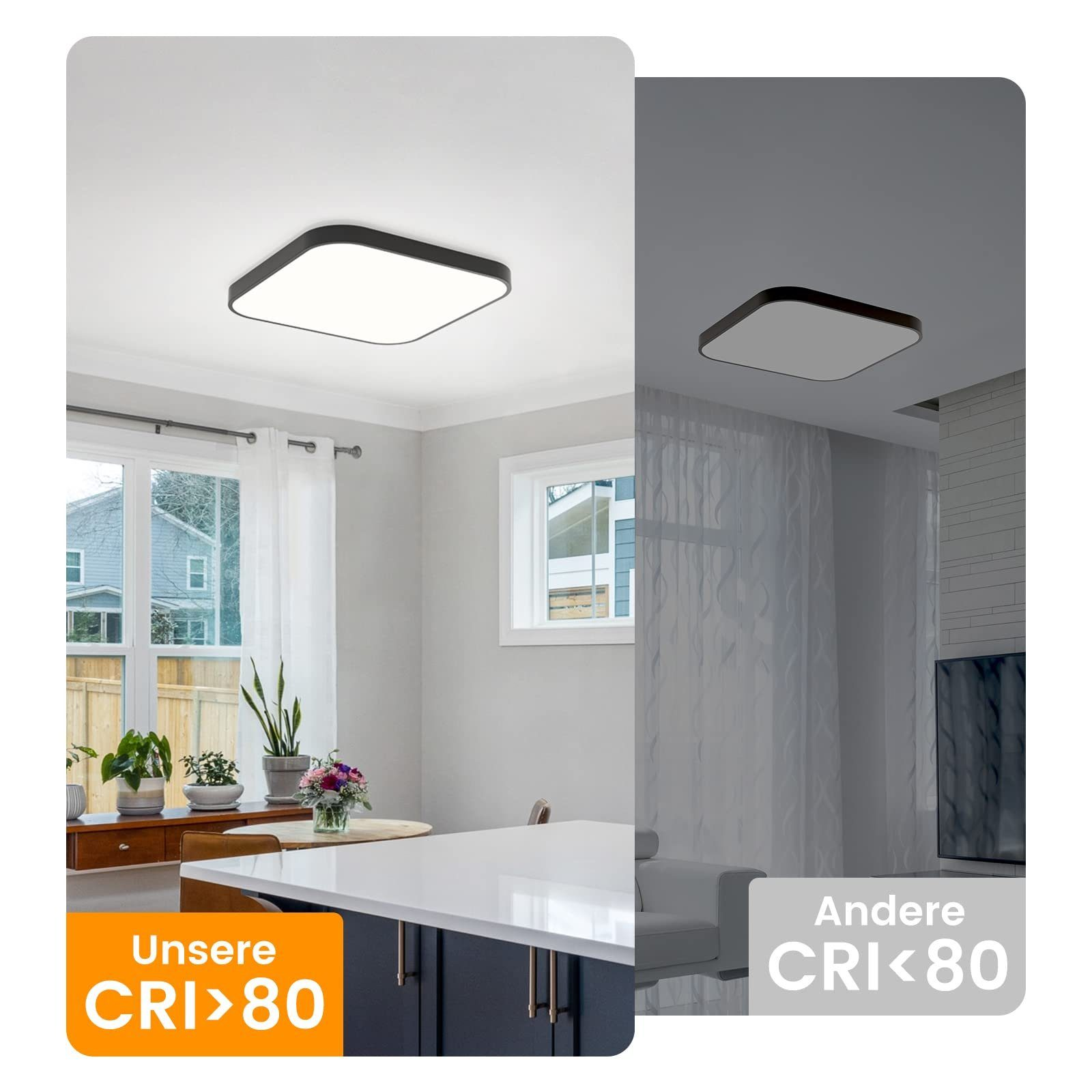 Küchenszene mit Deckenlicht und CRI-Vergleich. Eine Seite CRI<gt/>80, die andere CRI<lt/>80.