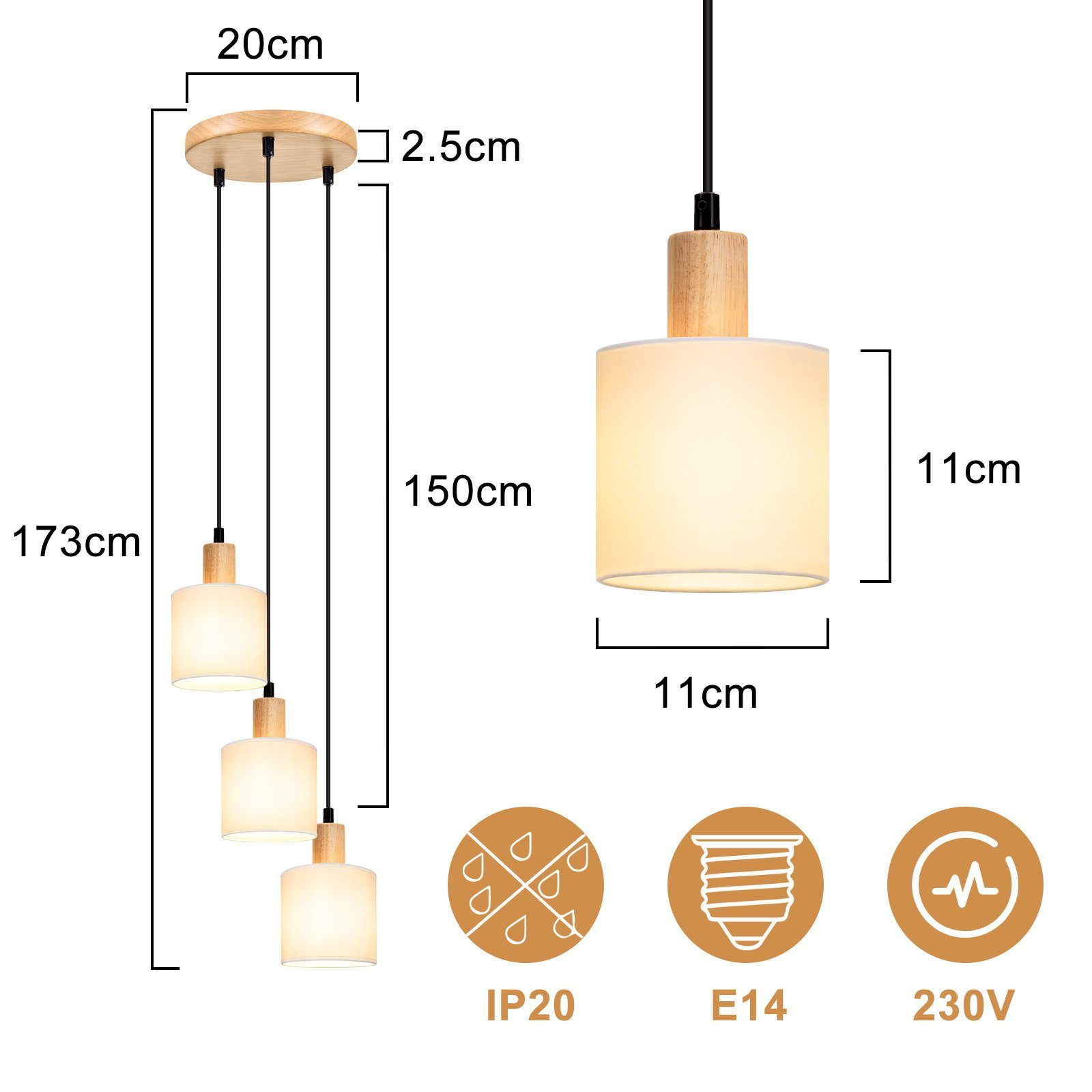 Nahaufnahme einer weißen Lampe mit Holzfuß und schwarzem Kabel.