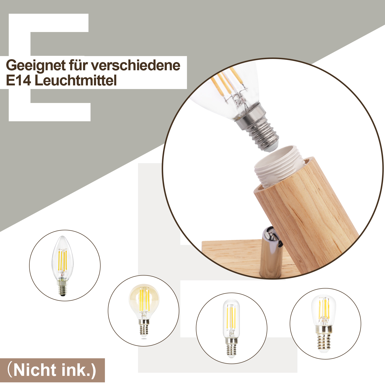 Diagramma con varie lampadine E14 e base lampada in legno con portalampada.