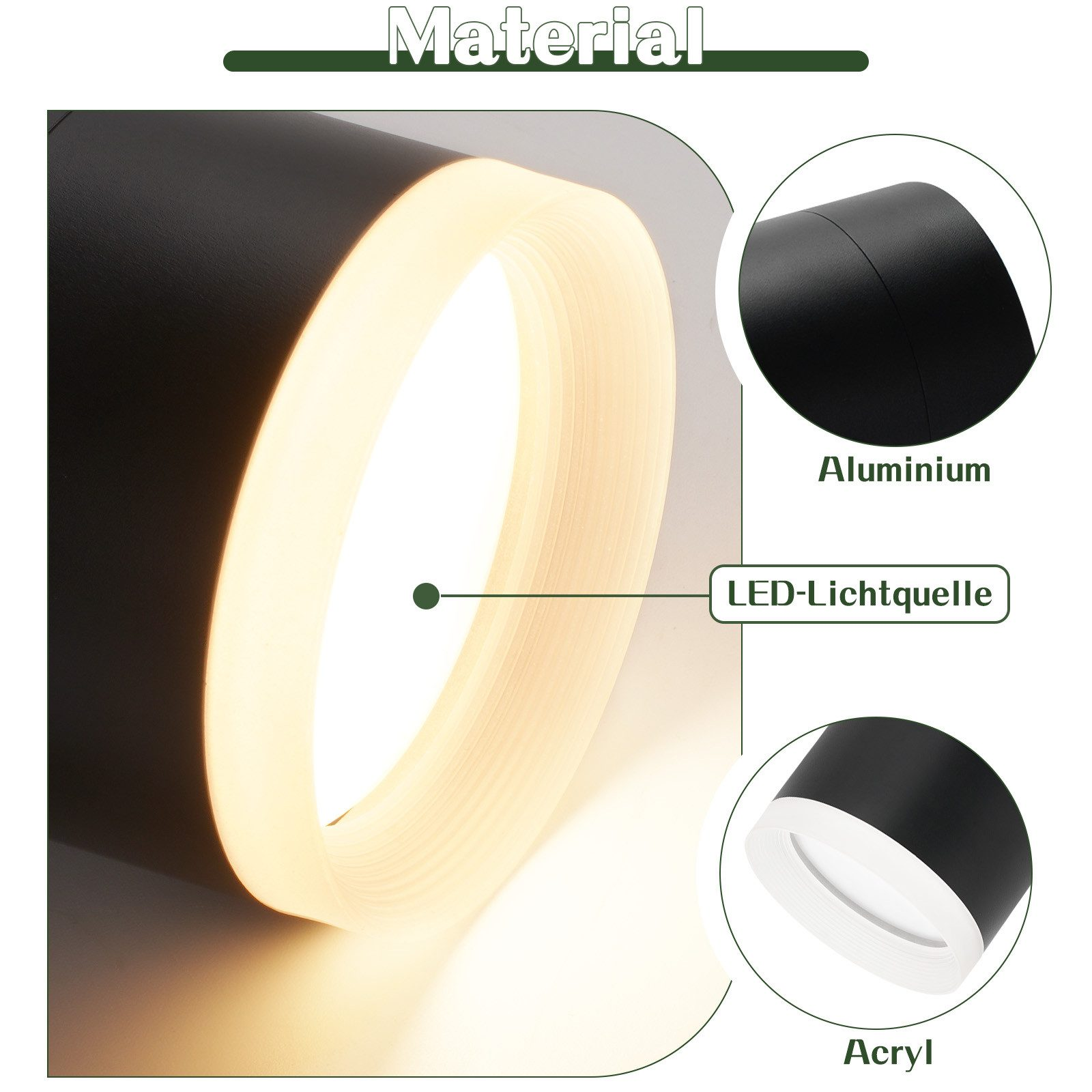 Primo piano di lampada cilindrica nera con anello interno luminoso, dettagli sui materiali.