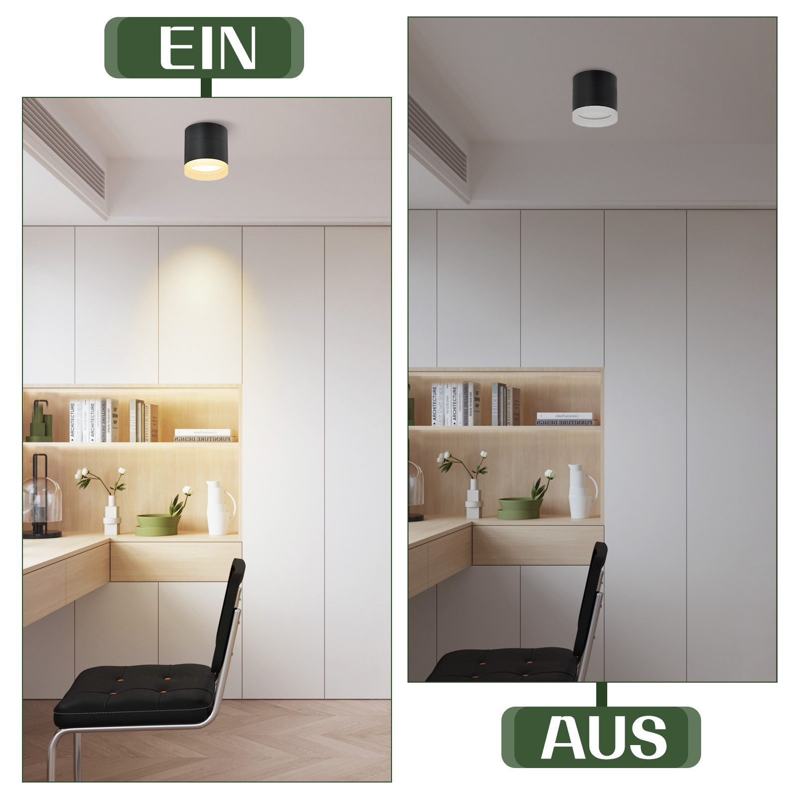 Due immagini di una lampada da soffitto: accesa e spenta. Muri bianchi.
