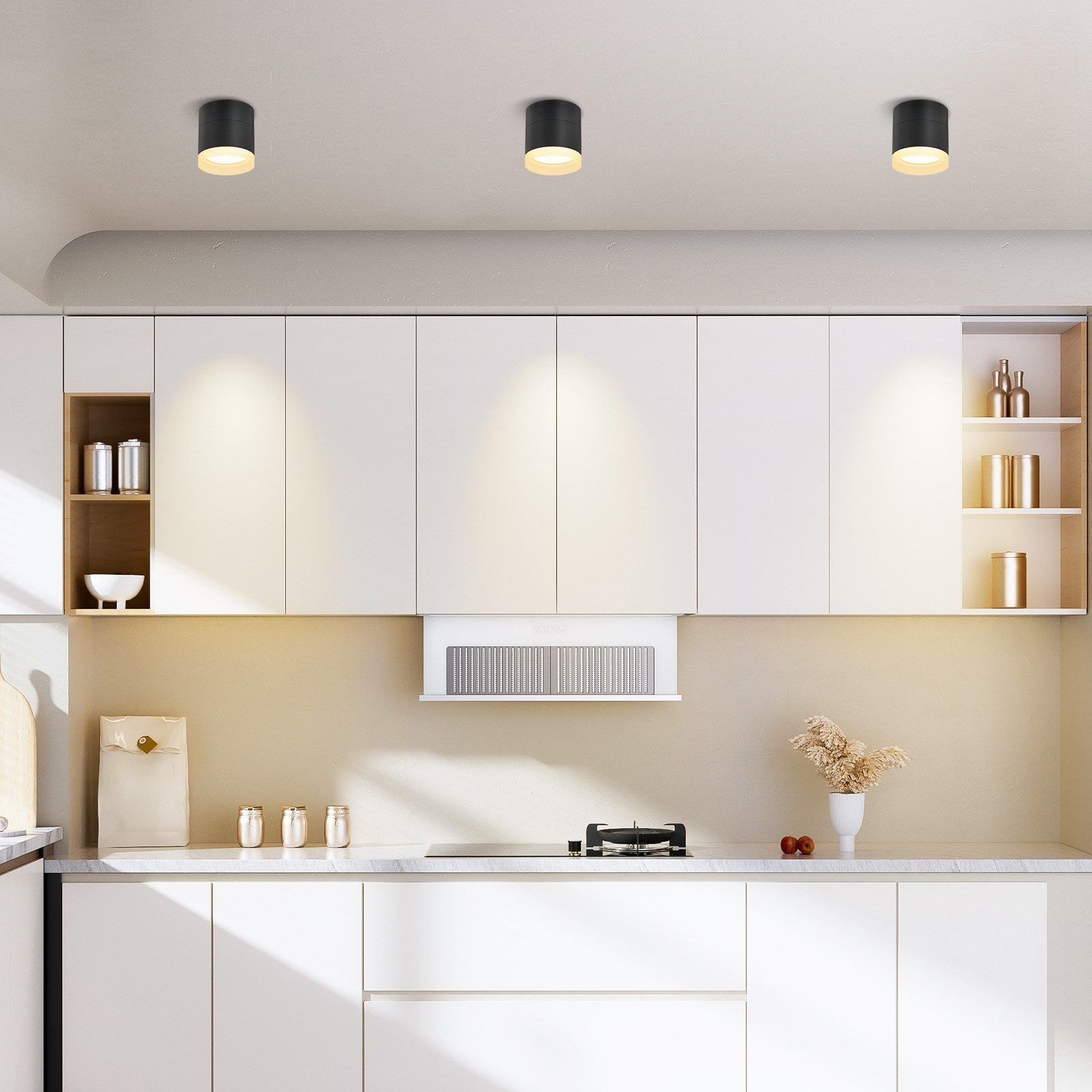Cucina bianca moderna con luci a soffitto e mobili. Una cappa aspirante e un piano di lavoro sono visibili.
