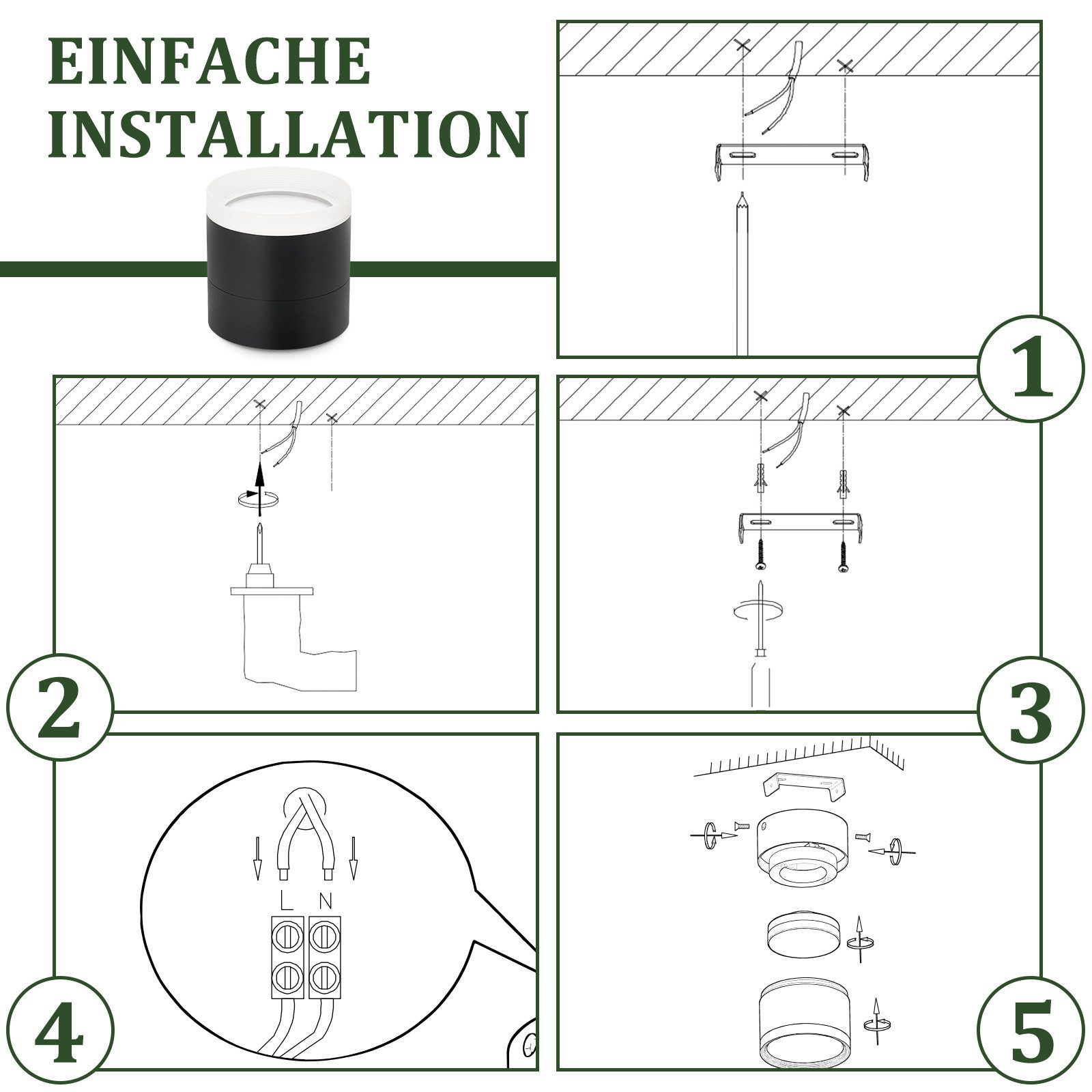 Guida all'installazione con illustrazioni. Mostra un prodotto e diagrammi per le fasi di montaggio.