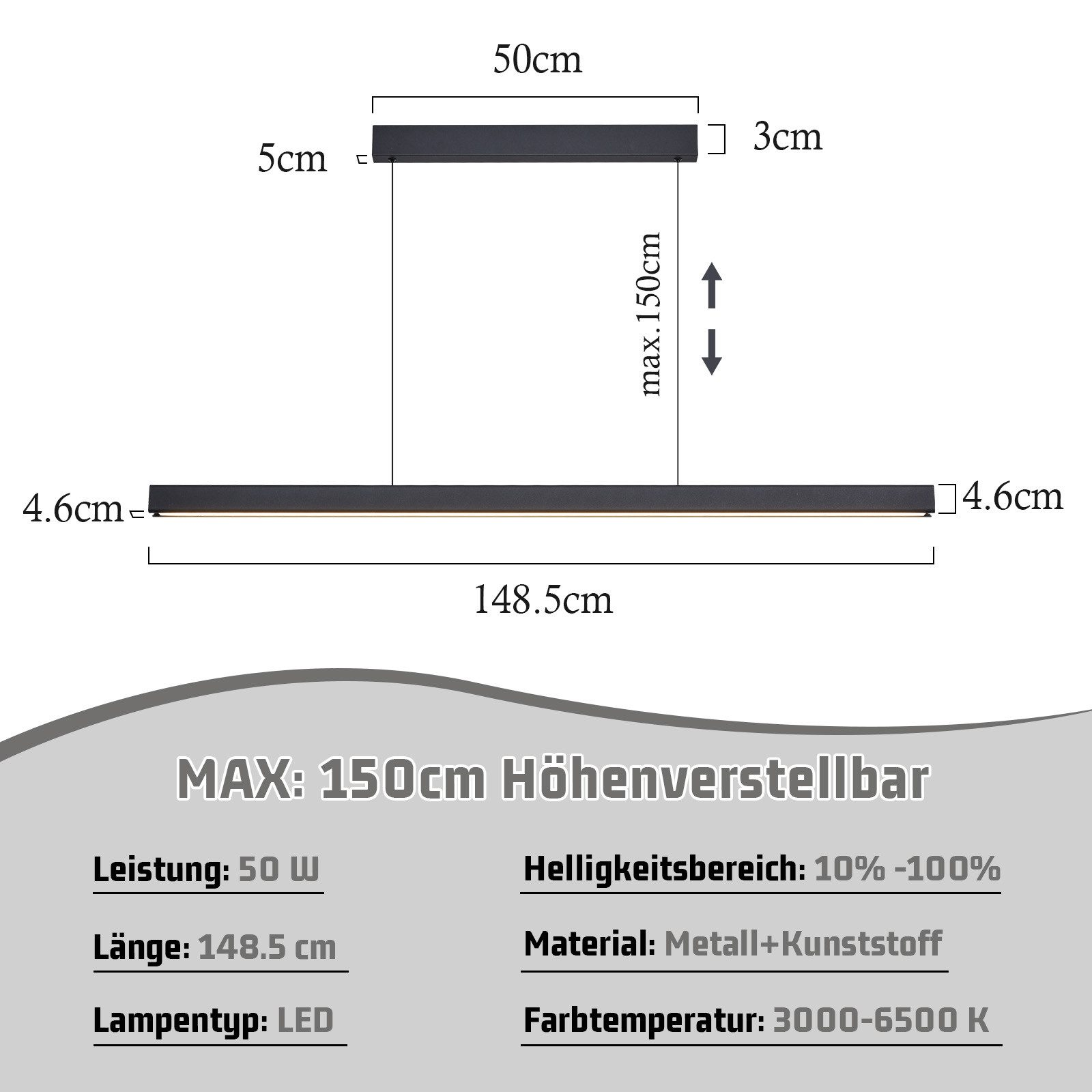 Diagramm mit Abmessungen einer schwarzen LED-Leuchte.