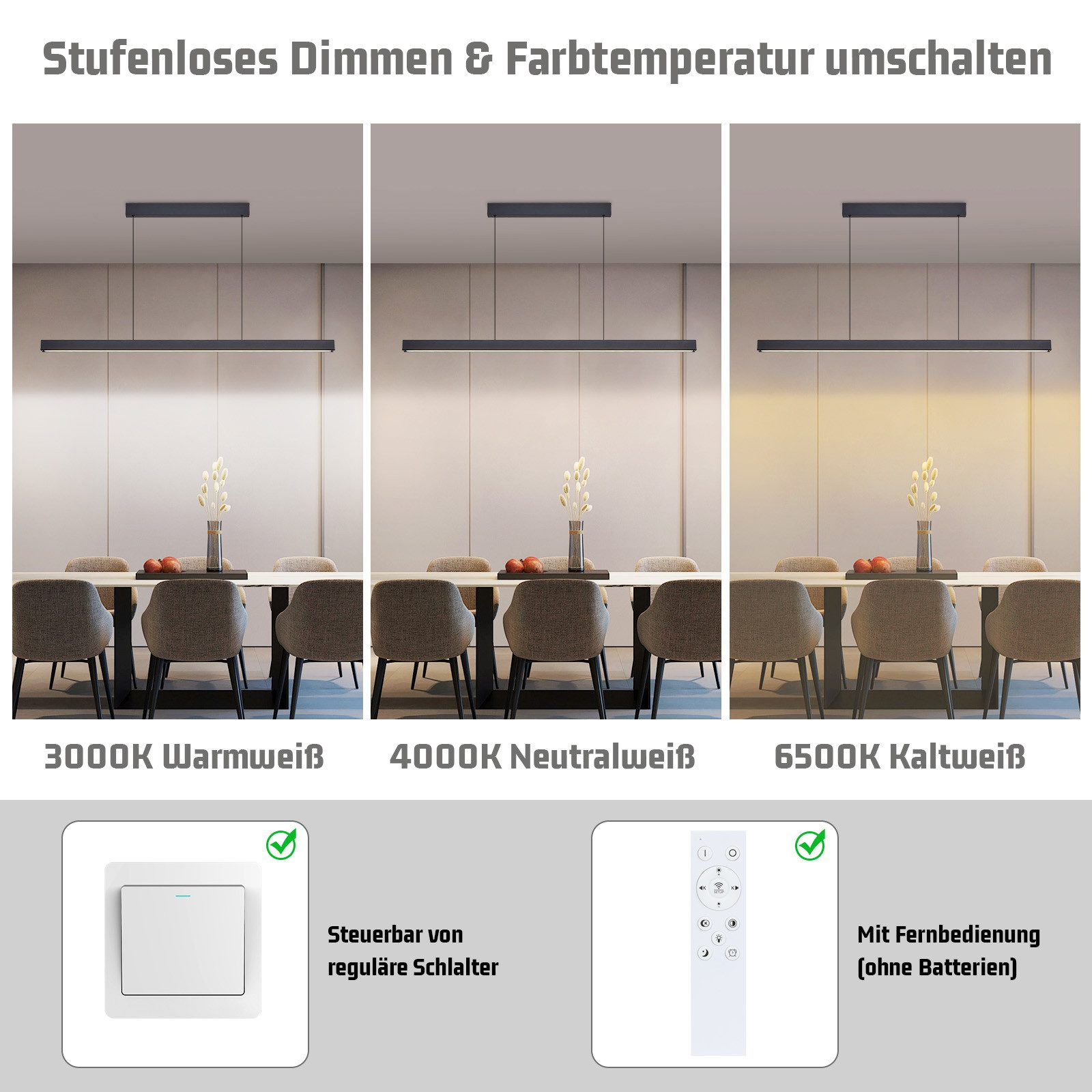 Drei verschiedene Beleuchtungseinstellungen mit einer Pendelleuchte, Schalter und Fernbedienung.