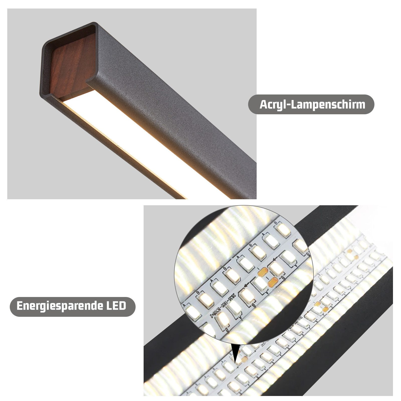 Nahaufnahme eines Lichtstreifens mit LEDs und einem Holz- und Graurahmen.
