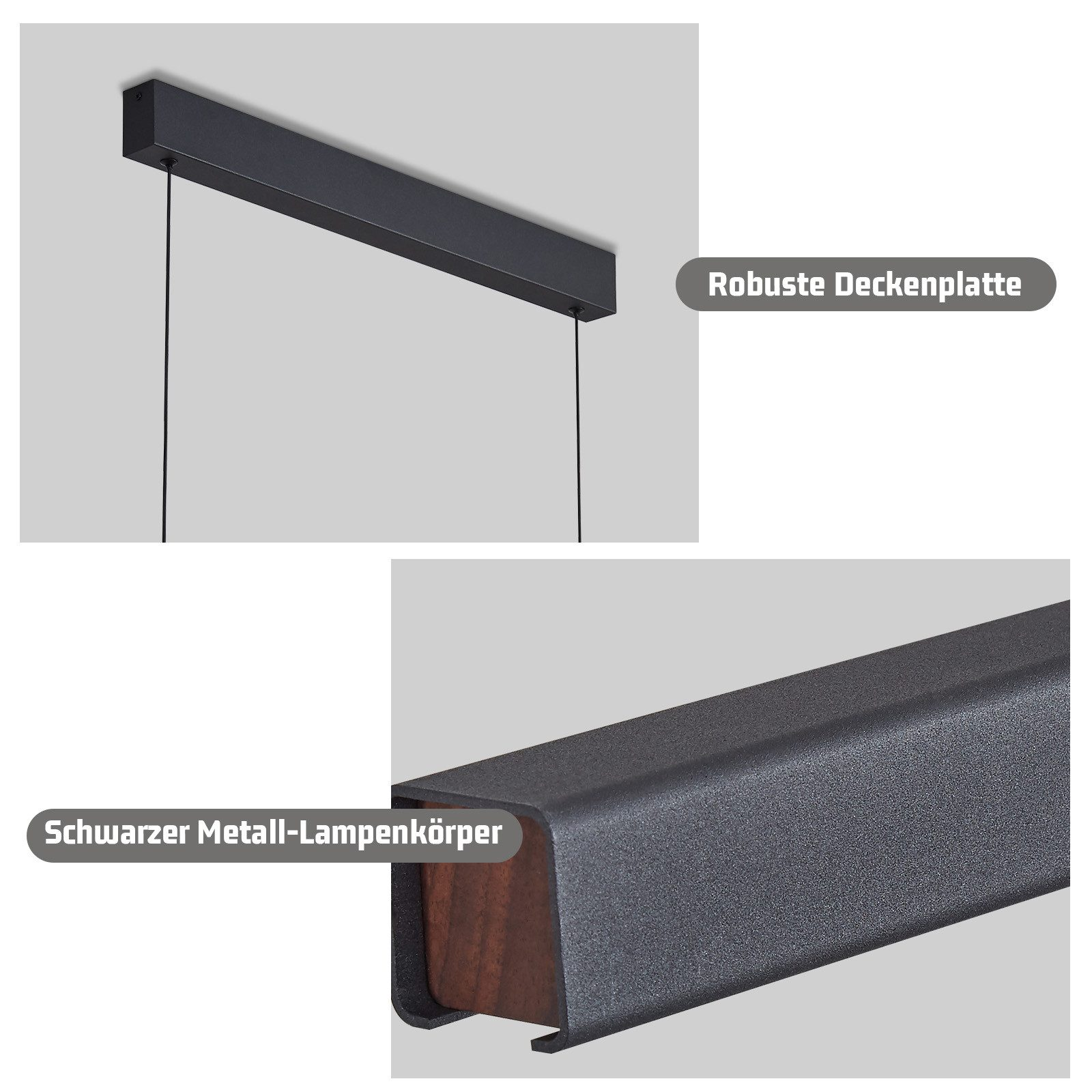 Nahaufnahmen von schwarzem Metall-Lampenkörper, zeigen Montage und Lampenkörper.
