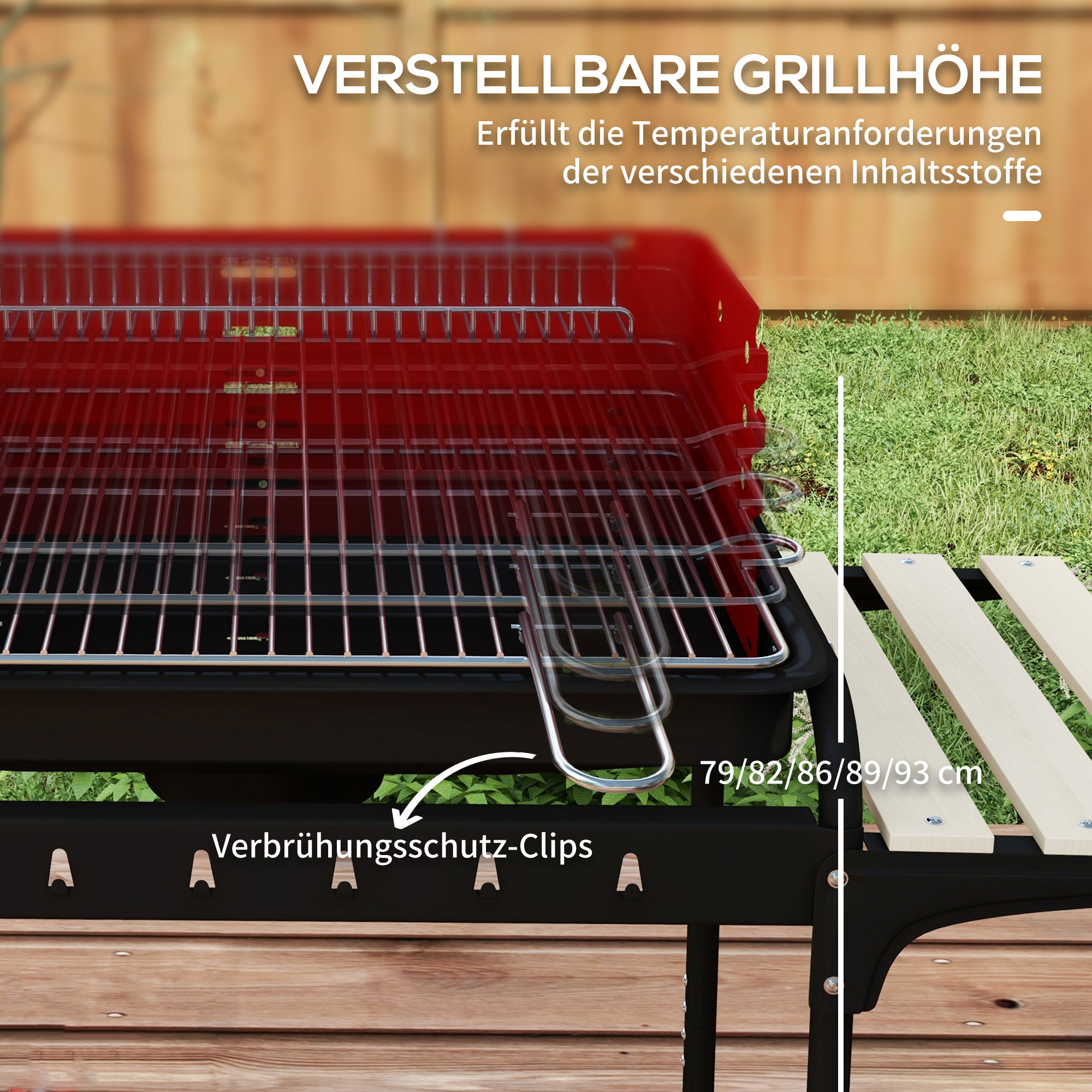 Ein schwarzer Grill mit rotem Grillrost und hölzernen Seitentischen. Einstellbare Höhe wird angezeigt.
