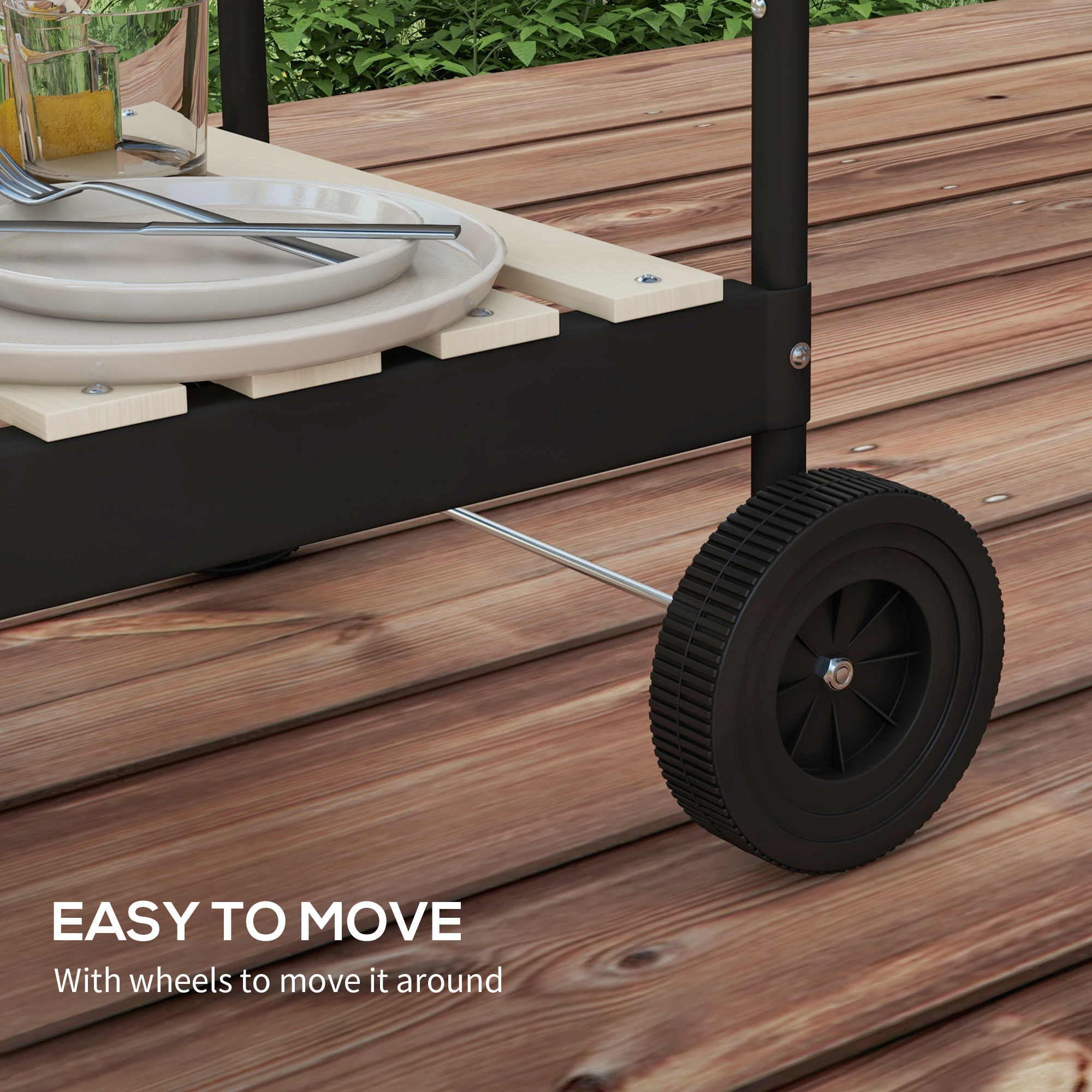 Ein Wagen mit Holzplatte, Rad und Text 'EASY TO MOVE'.