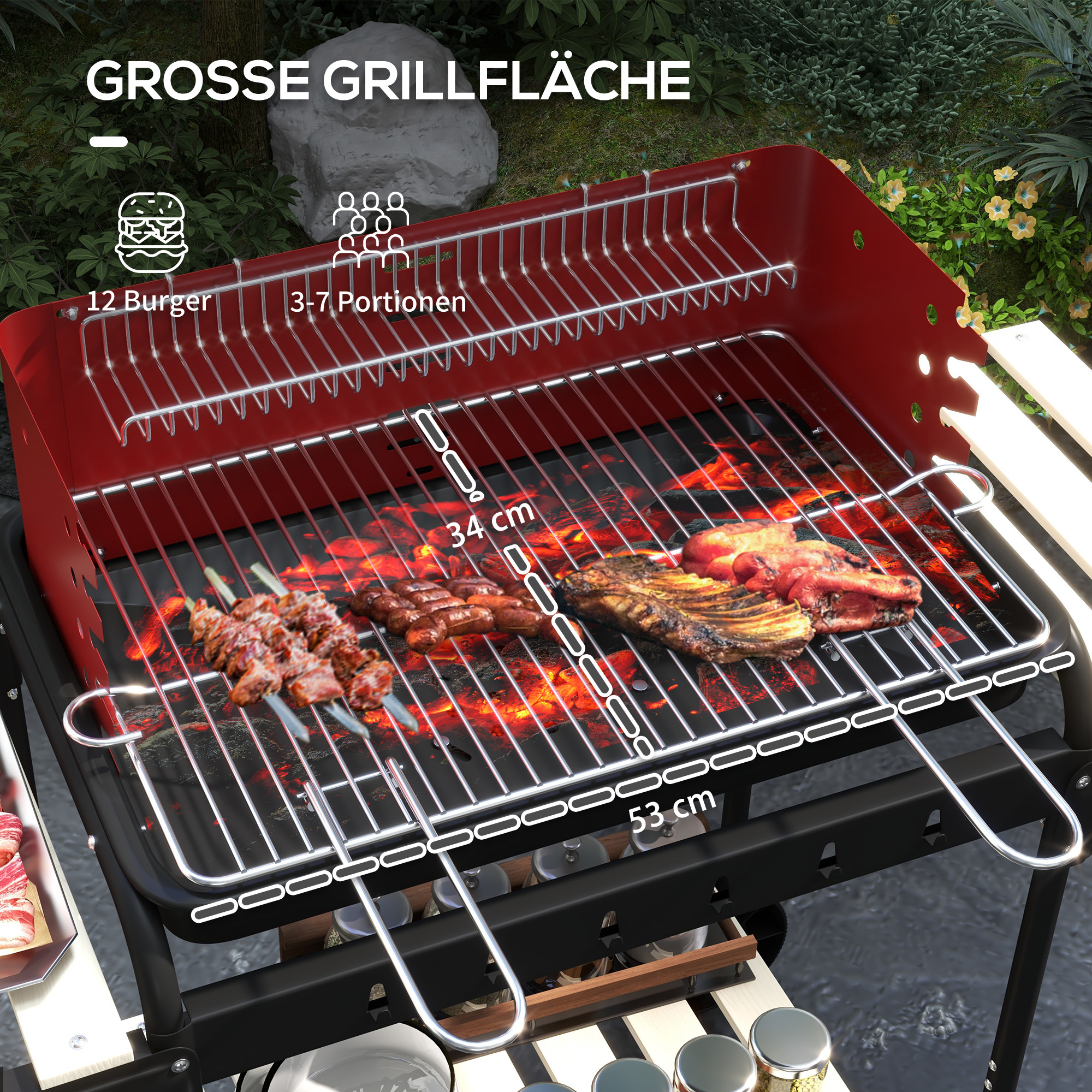 Ein Grill mit Essen, darunter Würstchen und Fleisch. Rote und schwarze Farben. Weiße Tische sind sichtbar.