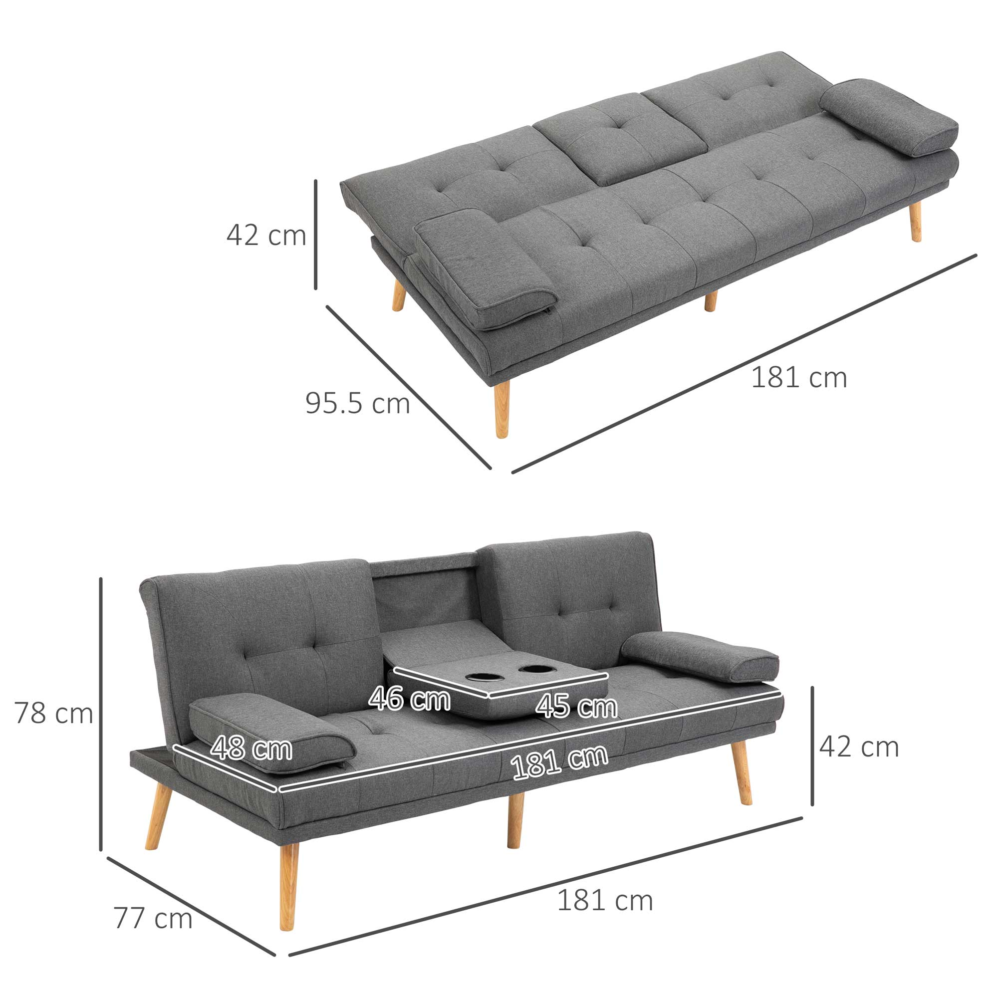 Zwei Bilder eines grauen Schlafsofas mit Maßen, die es gefaltet und entfaltet zeigen.