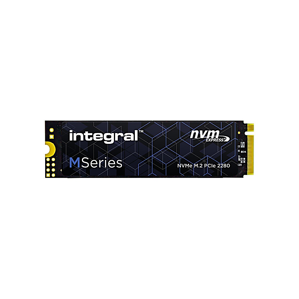 Een zwarte M.2 NVMe PCIe SSD met het merk 'integral' en het label 'MSeries' wordt weergegeven op een witte achtergrond.