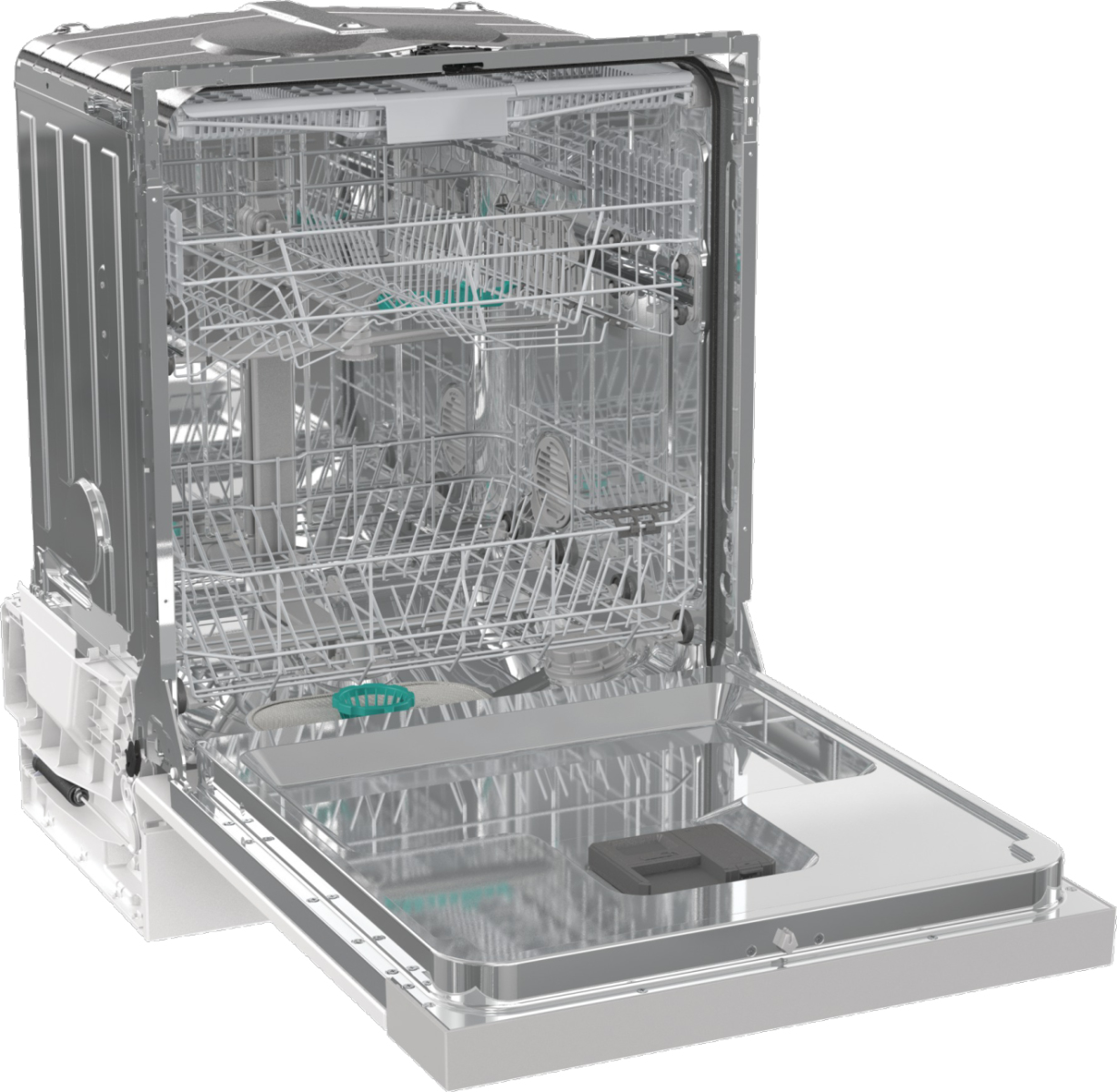 Das Innere eines Gorenje Geschirrspülers mit Gestellen, Sprüharmen und Waschbecken.