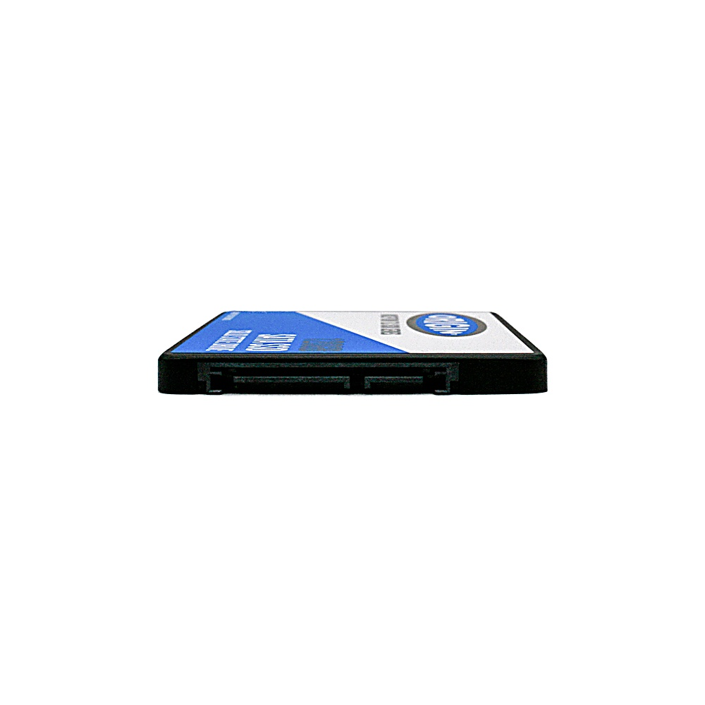 Una vista laterale di un SSD nero e blu.