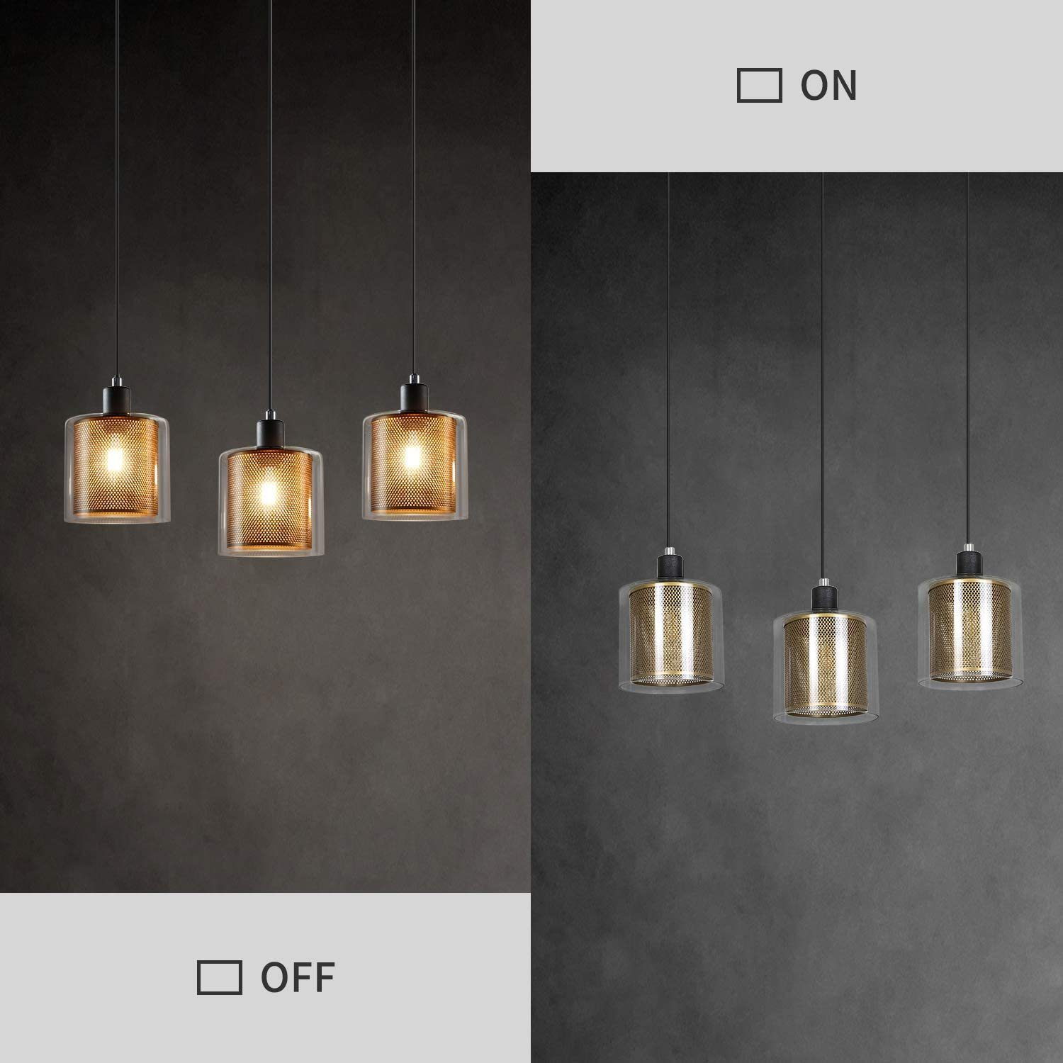 Drei Pendelleuchten an, mit Gitterdesign, und die Option, ein- oder auszuschalten.