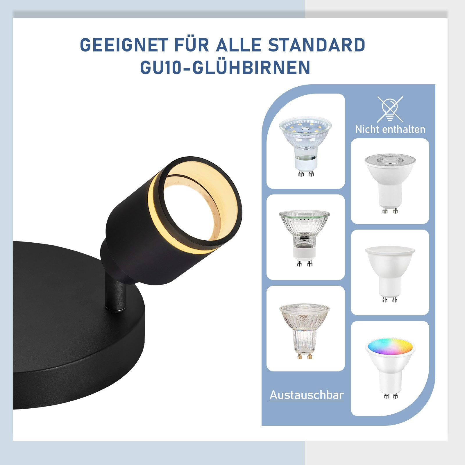 Faretto nero con lampadina. Il diagramma mostra diversi tipi di lampadine GU10 compatibili.