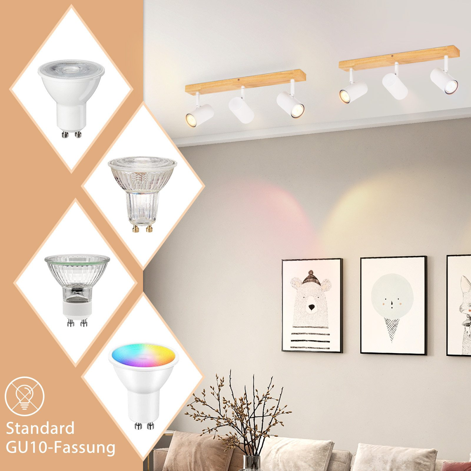 Quattro lampadine LED con forme e colori diversi su una trave di legno con arte sulla parete.