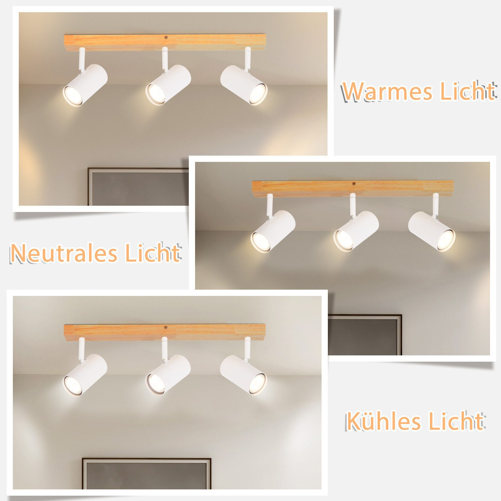 Tre immagini di faretti bianchi su una barra di legno che mostrano varie tonalità di illuminazione.