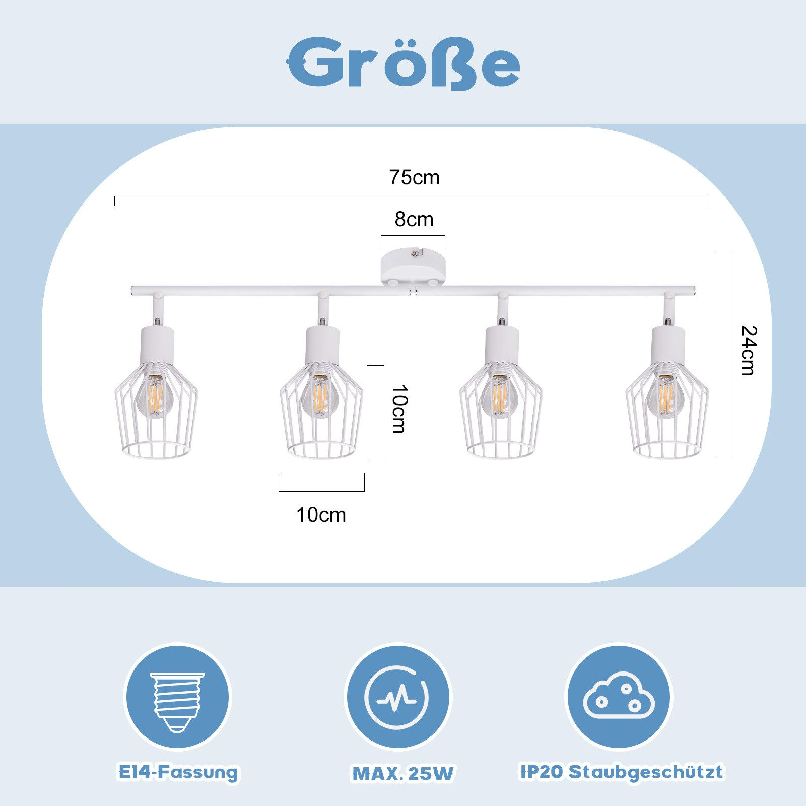 Diagramma di una lampada bianca con 4 teste, dimensioni e icone per E14, 25W e IP20.