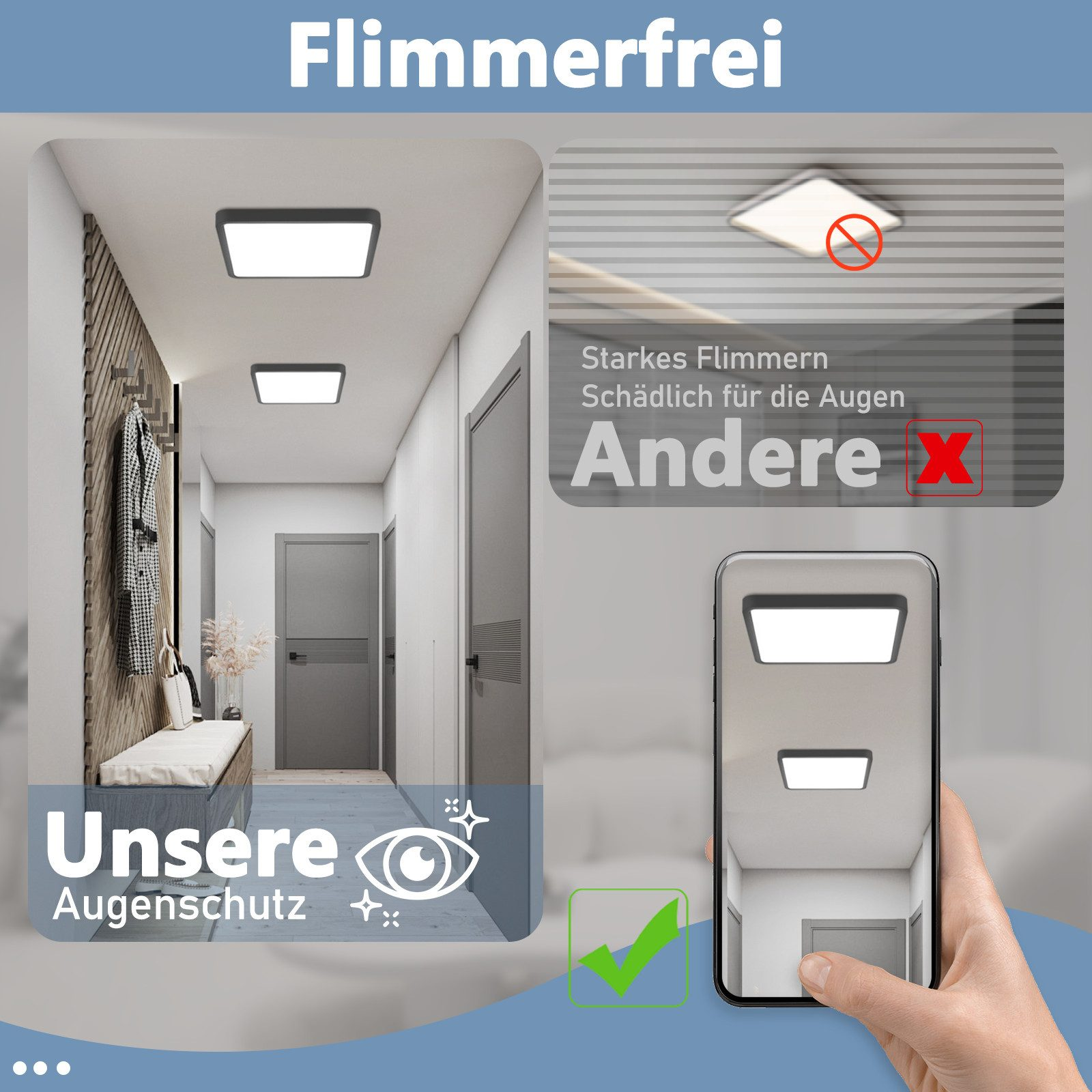 Corridoio con luci a soffitto luminose. Un telefono mostra un corridoio simile con una buona illuminazione.