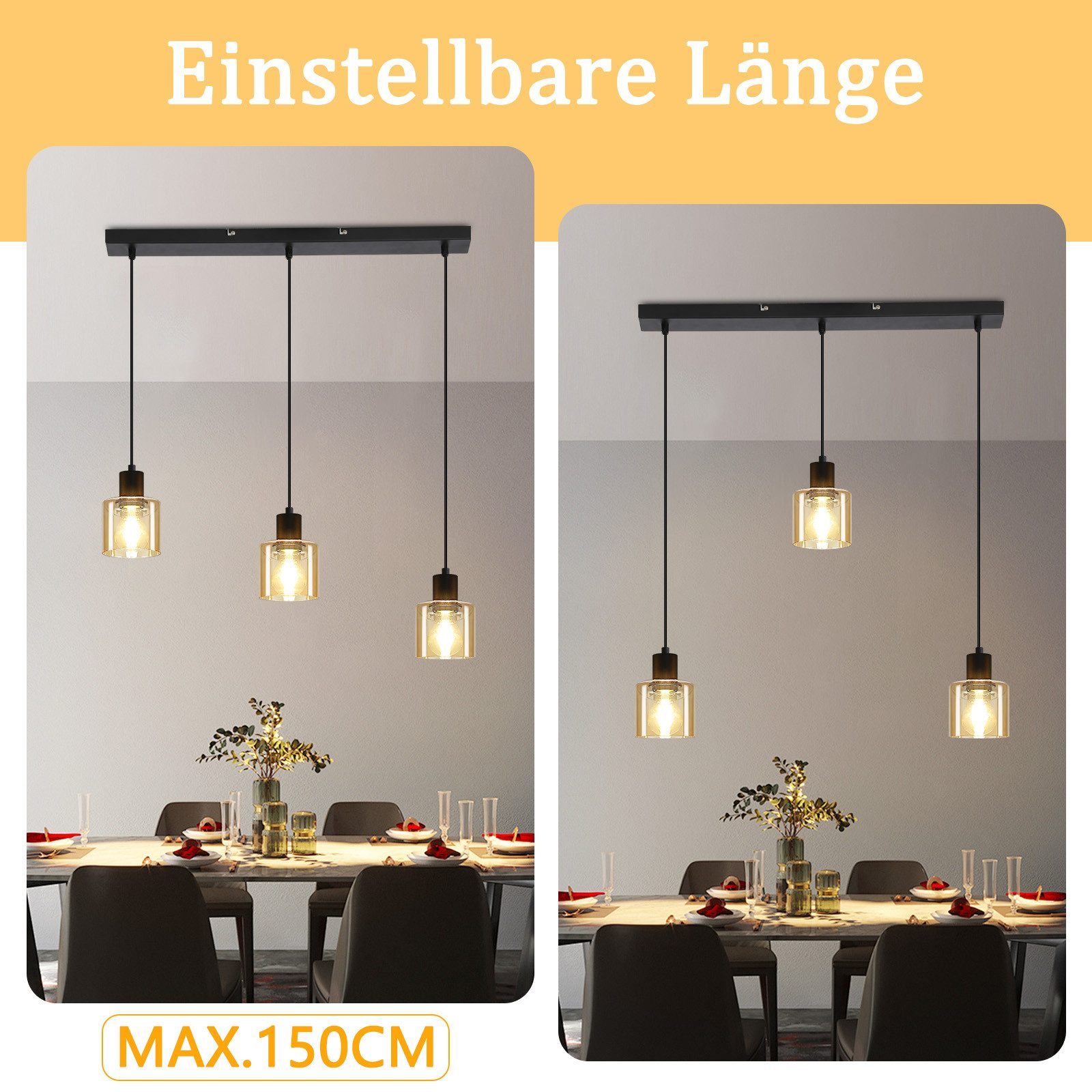 Due immagini che mostrano una zona pranzo con luci a sospensione. Le luci sono in vetro con cornice nera.