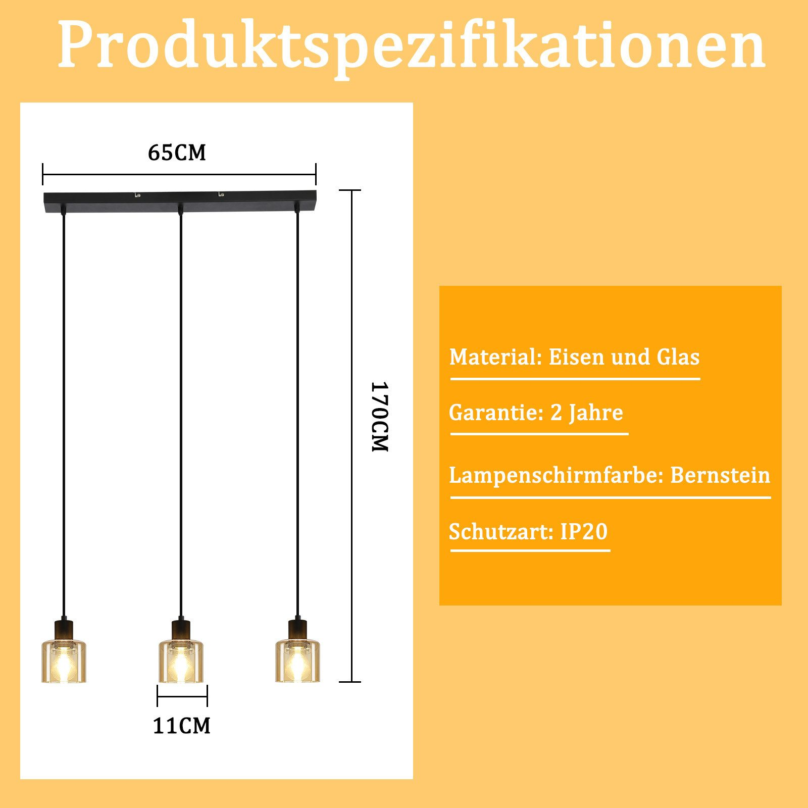 Diagramma di tre lampade a sospensione con dimensioni e specifiche dei materiali.