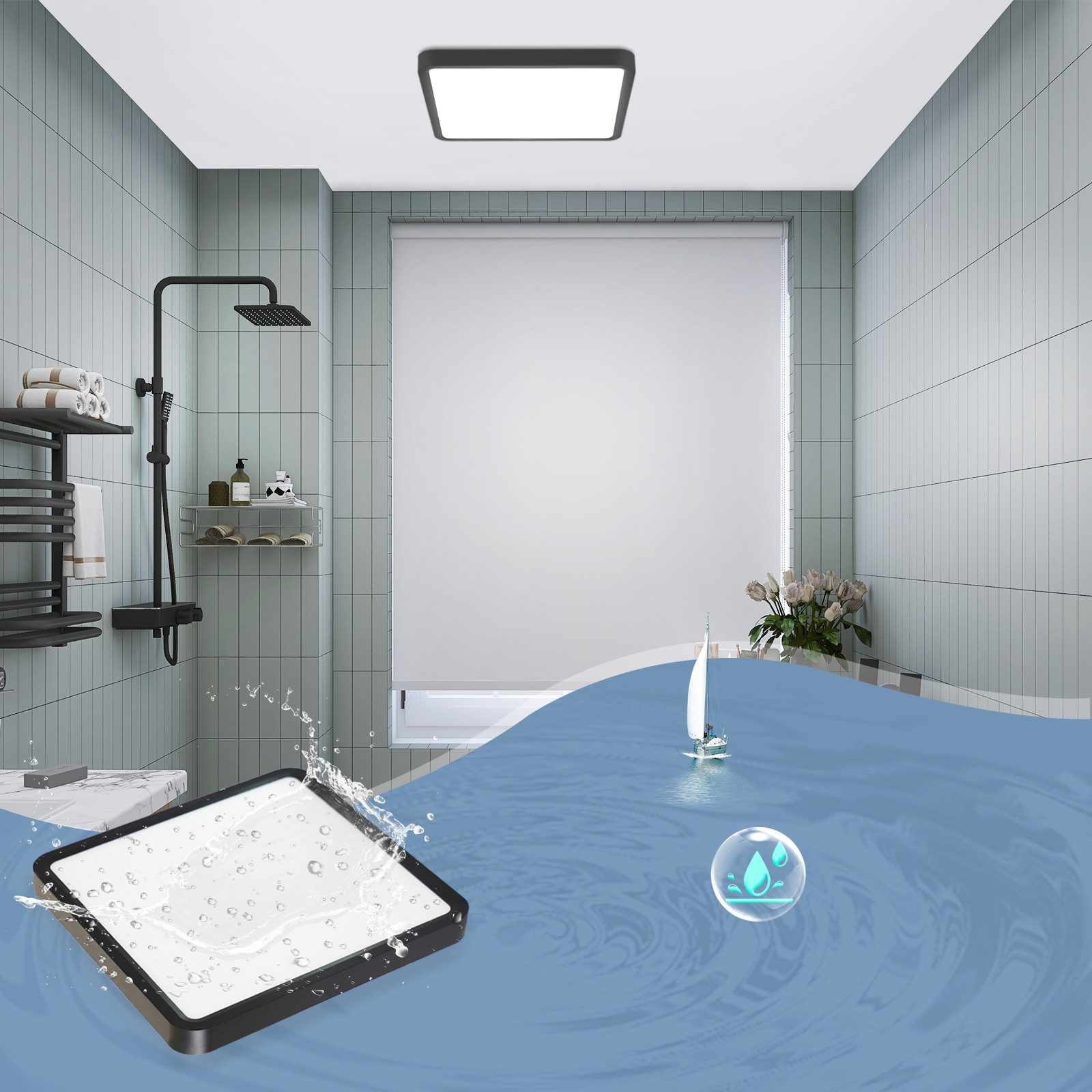 Una scena del bagno. Una lampada da soffitto quadrata nera immersa in acqua blu. Una doccia e una finestra.