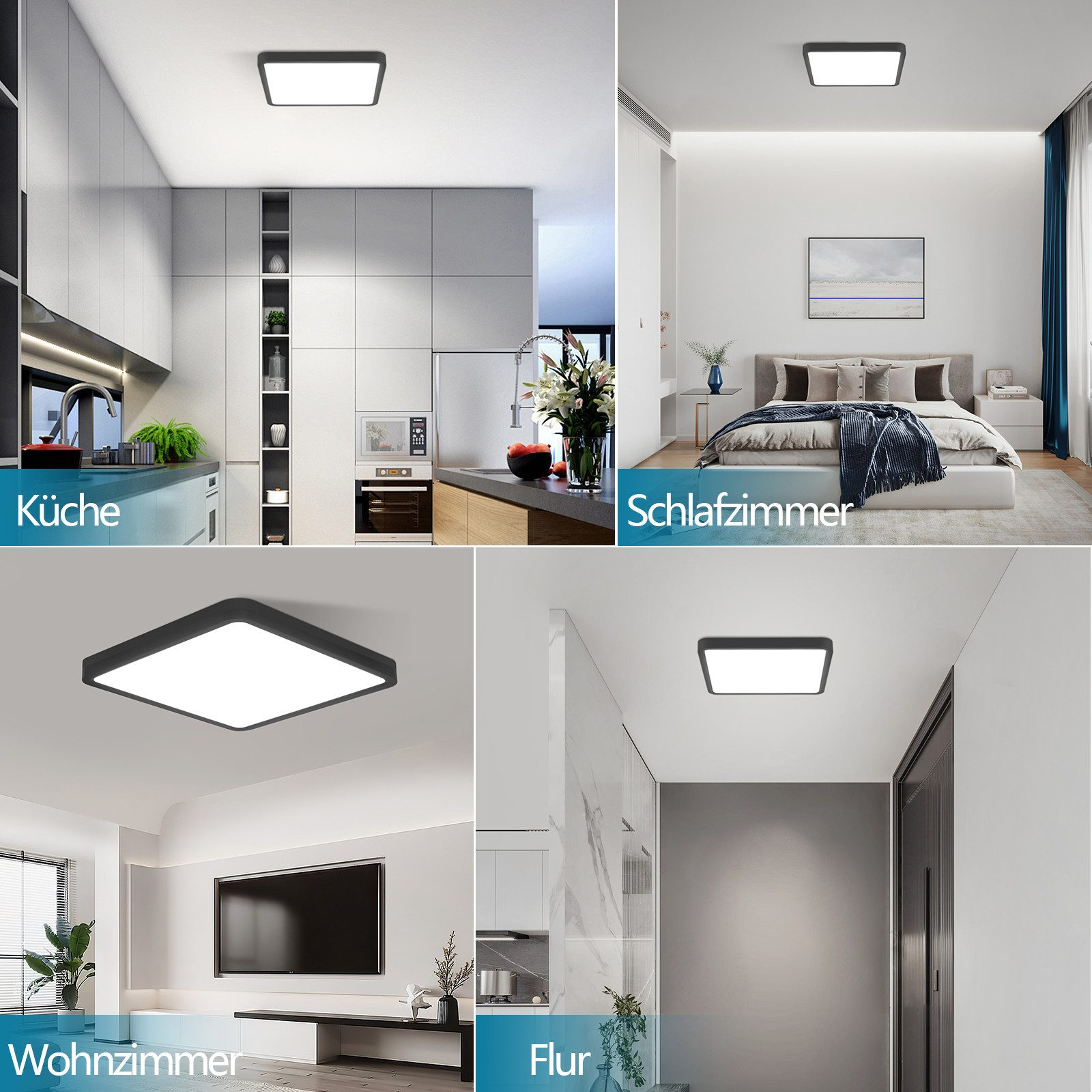 Vier Bilder mit quadratischen Deckenlampen, die in verschiedenen Räumen installiert sind: Küche, Schlafzimmer, Wohnzimmer, Flur.