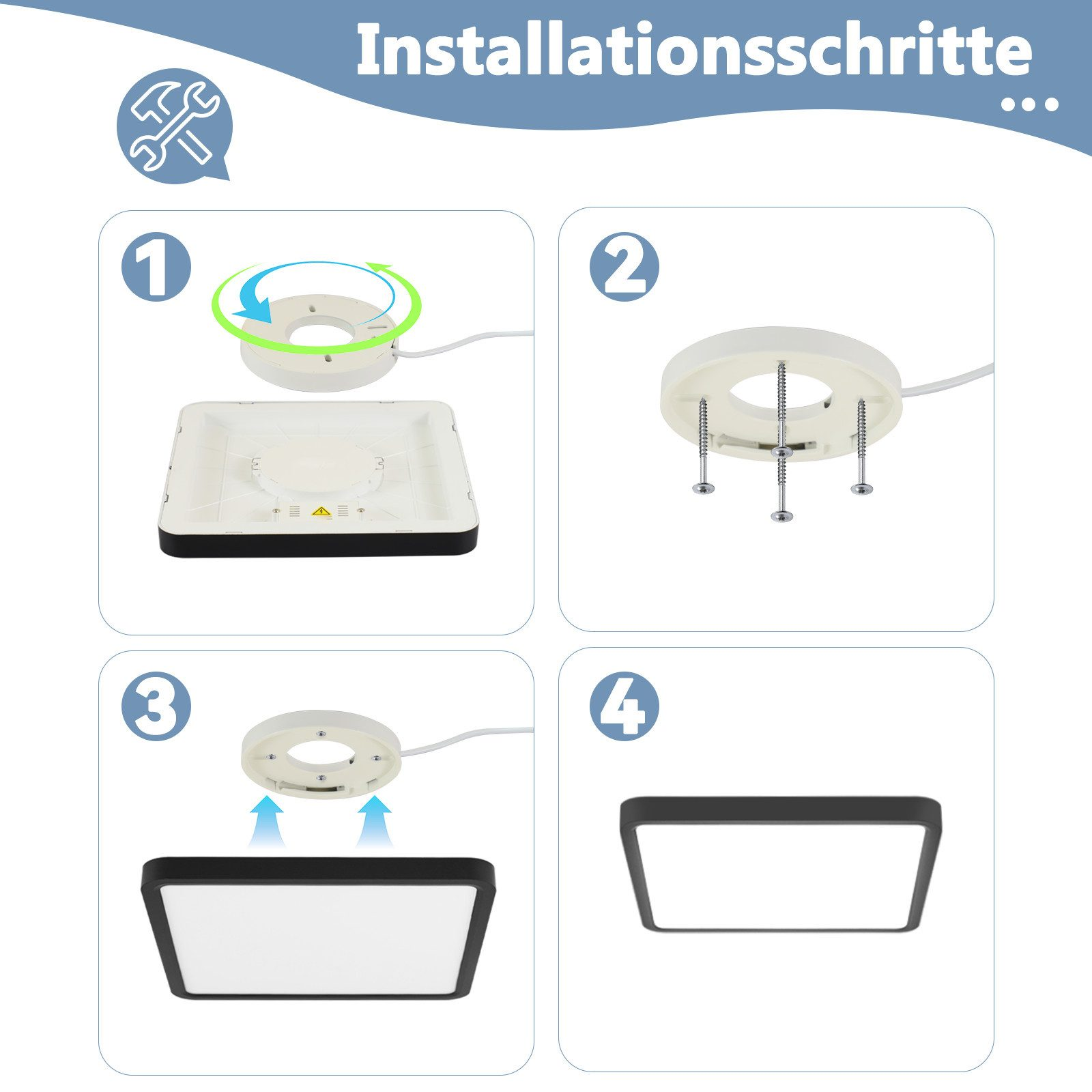 Guida all'installazione passo-passo. Mostra come installare una lampada da soffitto quadrata in quattro passaggi.