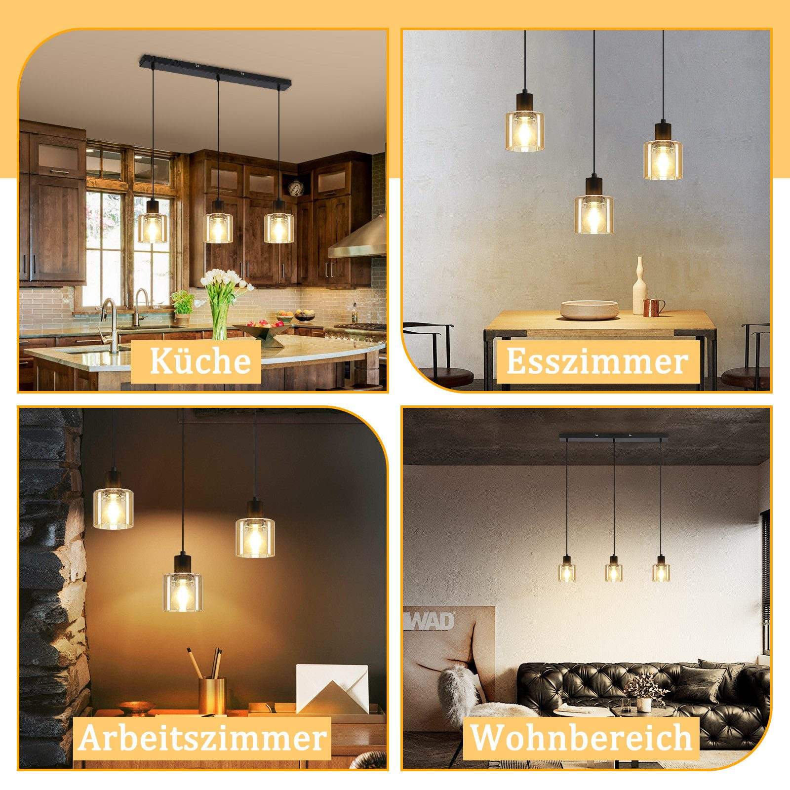 Quattro immagini mostrano lampade a sospensione in diverse stanze: cucina, sala da pranzo, ufficio e soggiorno.