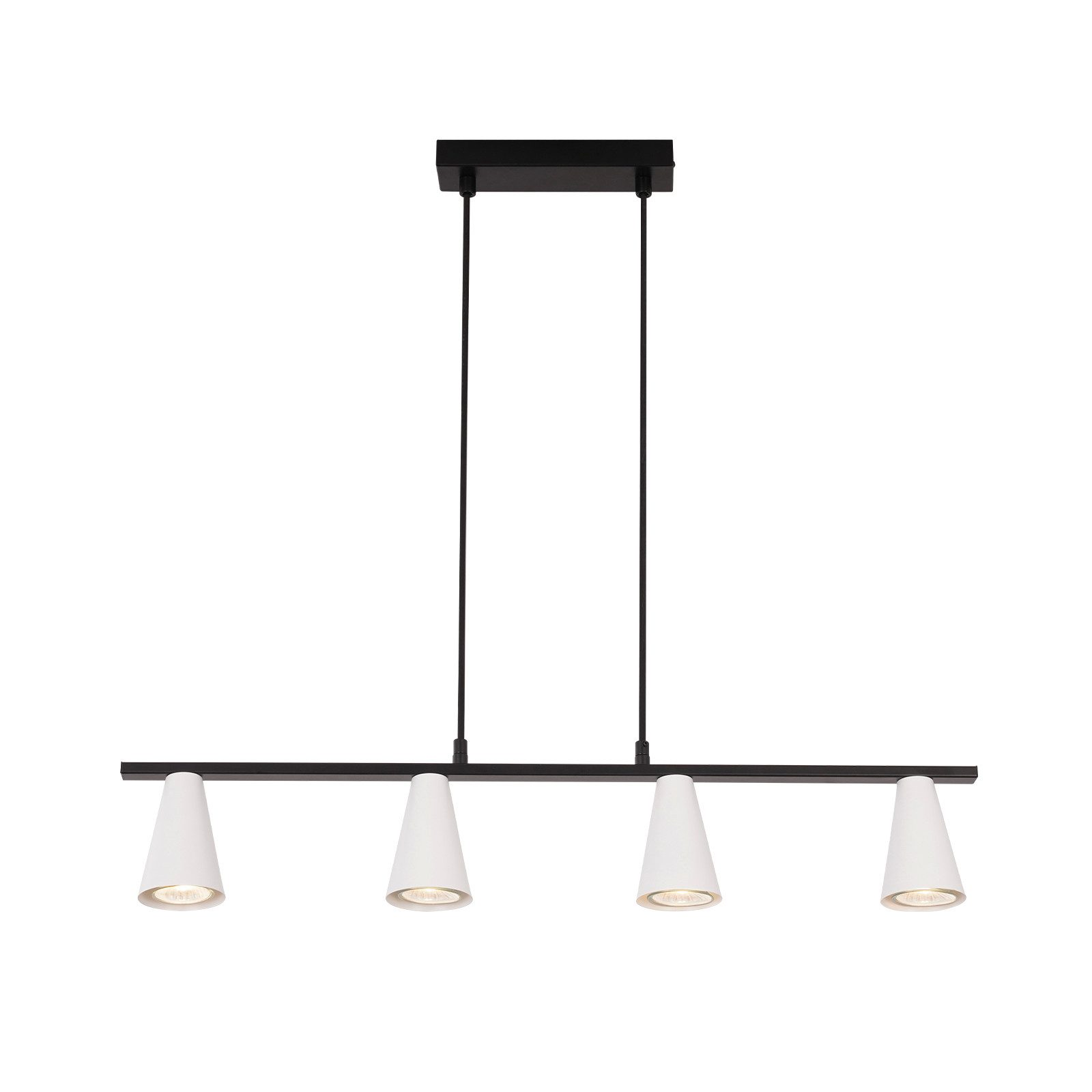 Una lampada a sospensione lineare con quattro lampade bianche a forma di cono è appesa su sfondo bianco.