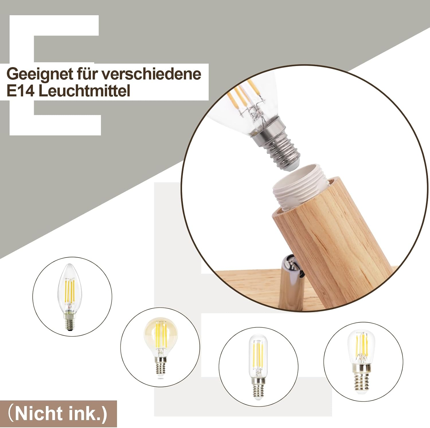 Un'immagine mostra una lampadina E14 e i suoi componenti, con diversi stili di lampadine.