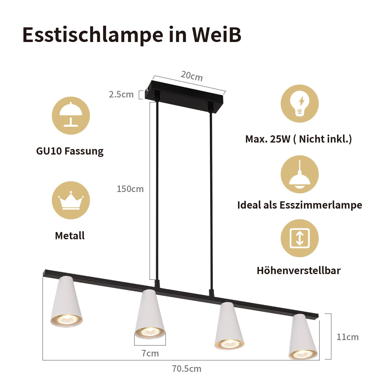 Una lampada da sala da pranzo bianca con quattro luci rivolte verso il basso viene mostrata con dimensioni e dettagli.