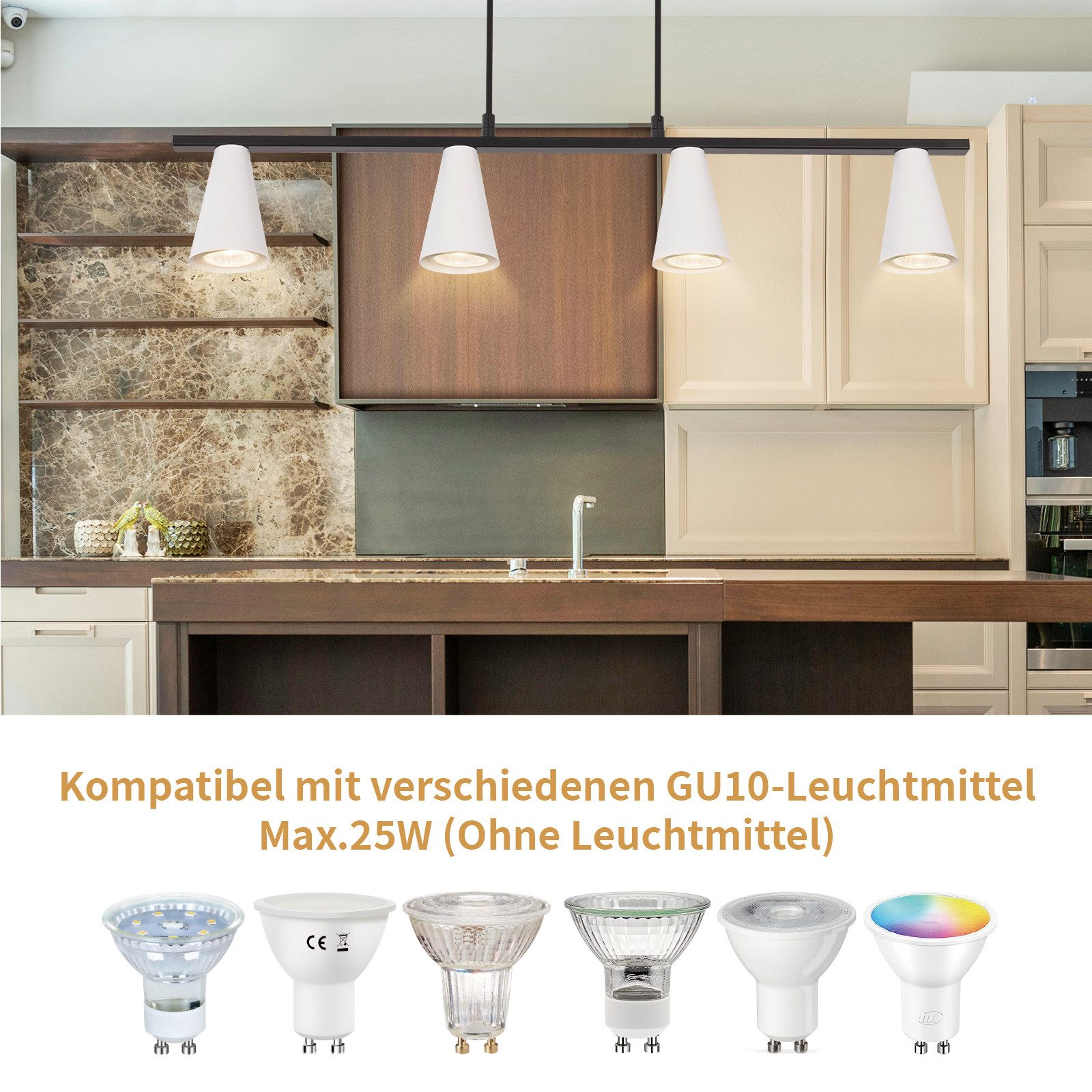 Una scena di cucina con un apparecchio sopra. Sotto sono mostrate diverse lampadine GU10.